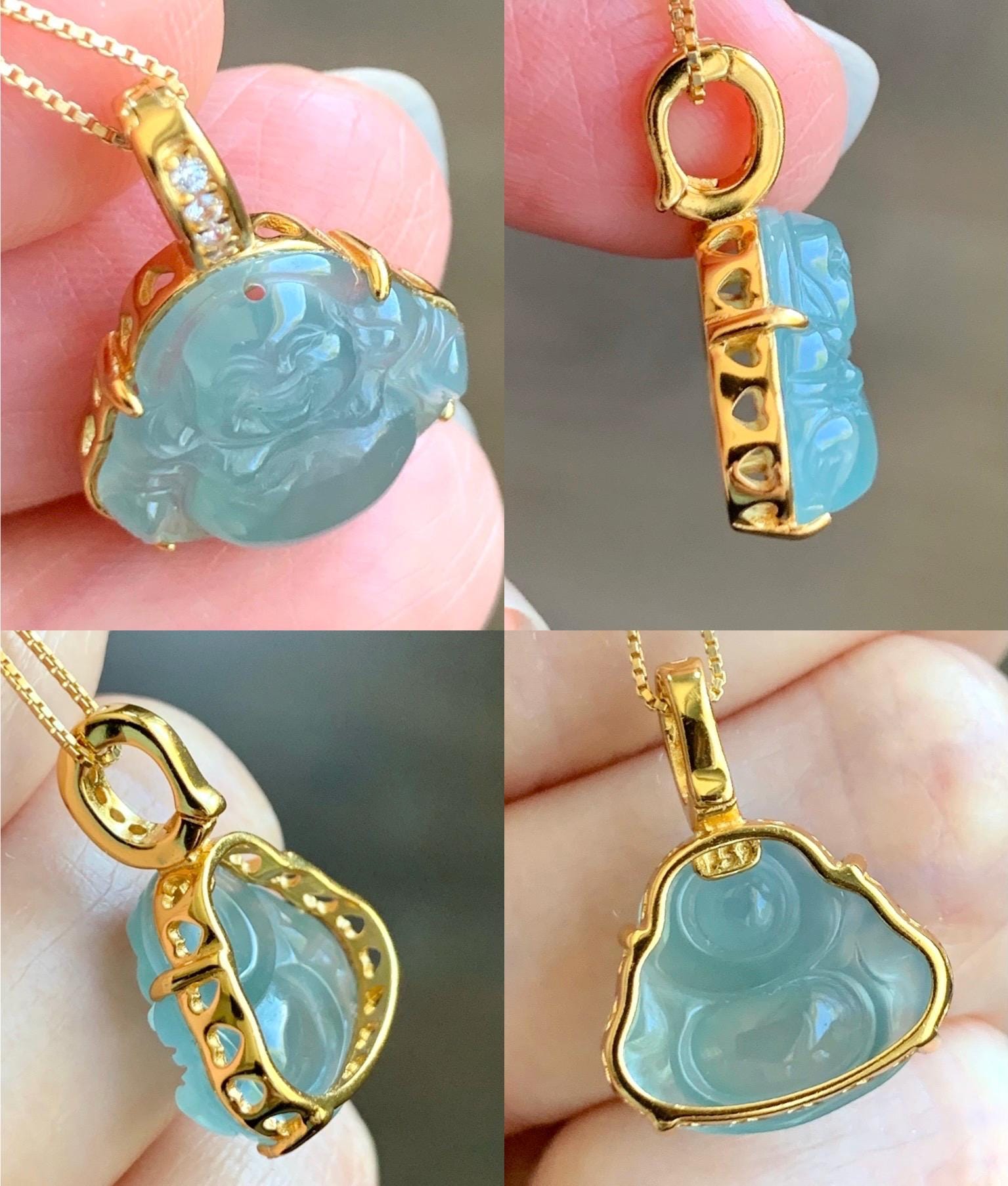 Natural Grade A Guatemalan Icy Highly Translucent Light Teal Jadeite Buddha Pendant Sterling Silver Yellow Gold Overlay 天然冰危浅蓝绿翡翠佛公吊坠 WQF120