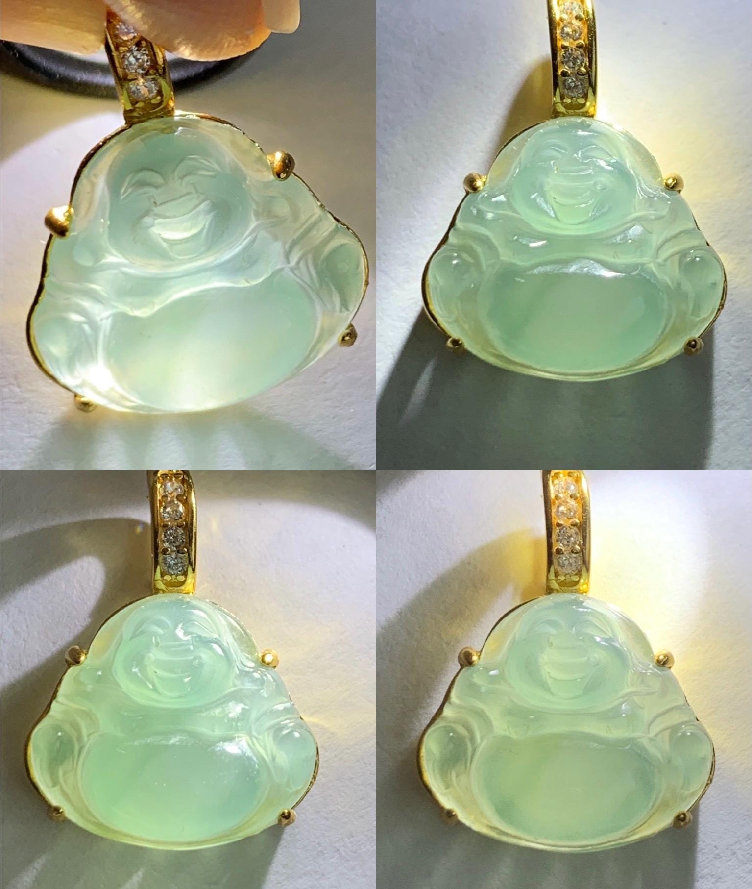 Natural Grade A Guatemalan Icy Highly Translucent Light Teal Jadeite Buddha Pendant Sterling Silver Yellow Gold Overlay 天然冰危浅蓝绿翡翠佛公吊坠 WQF120