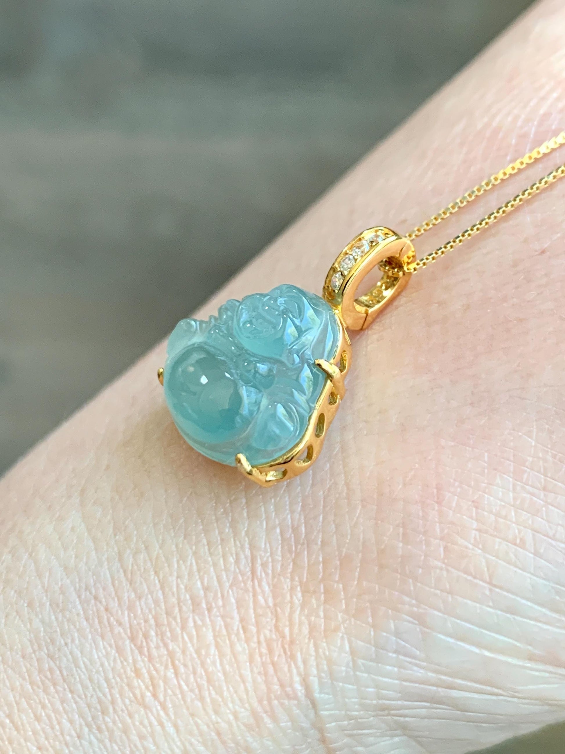 Natural Grade A Guatemalan Icy Highly Translucent Light Teal Jadeite Buddha Pendant Sterling Silver Yellow Gold Overlay 天然冰危浅蓝绿翡翠佛公吊坠 WQF120