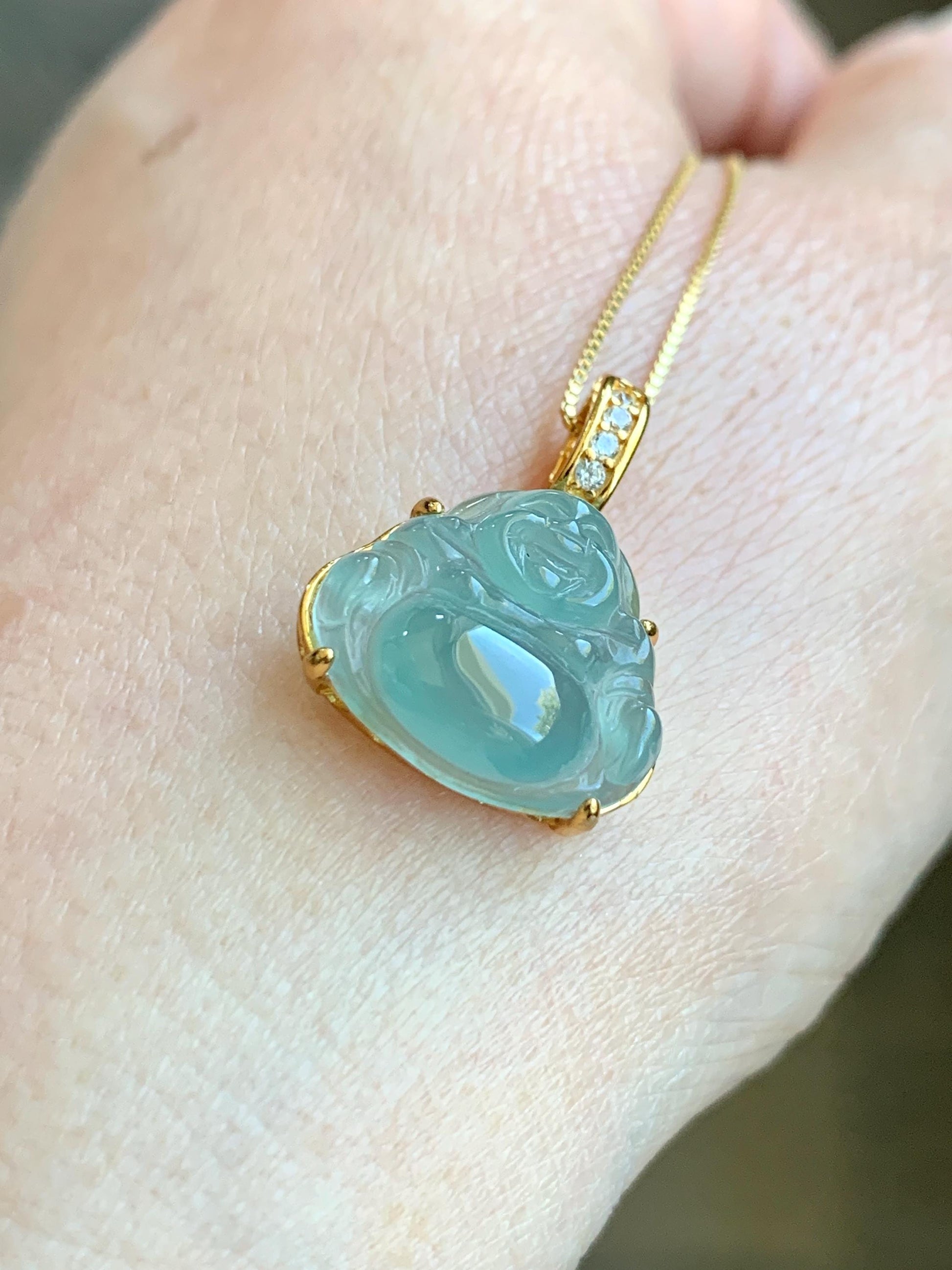 Natural Grade A Guatemalan Icy Highly Translucent Light Teal Jadeite Buddha Pendant Sterling Silver Yellow Gold Overlay 天然冰危浅蓝绿翡翠佛公吊坠 WQF120