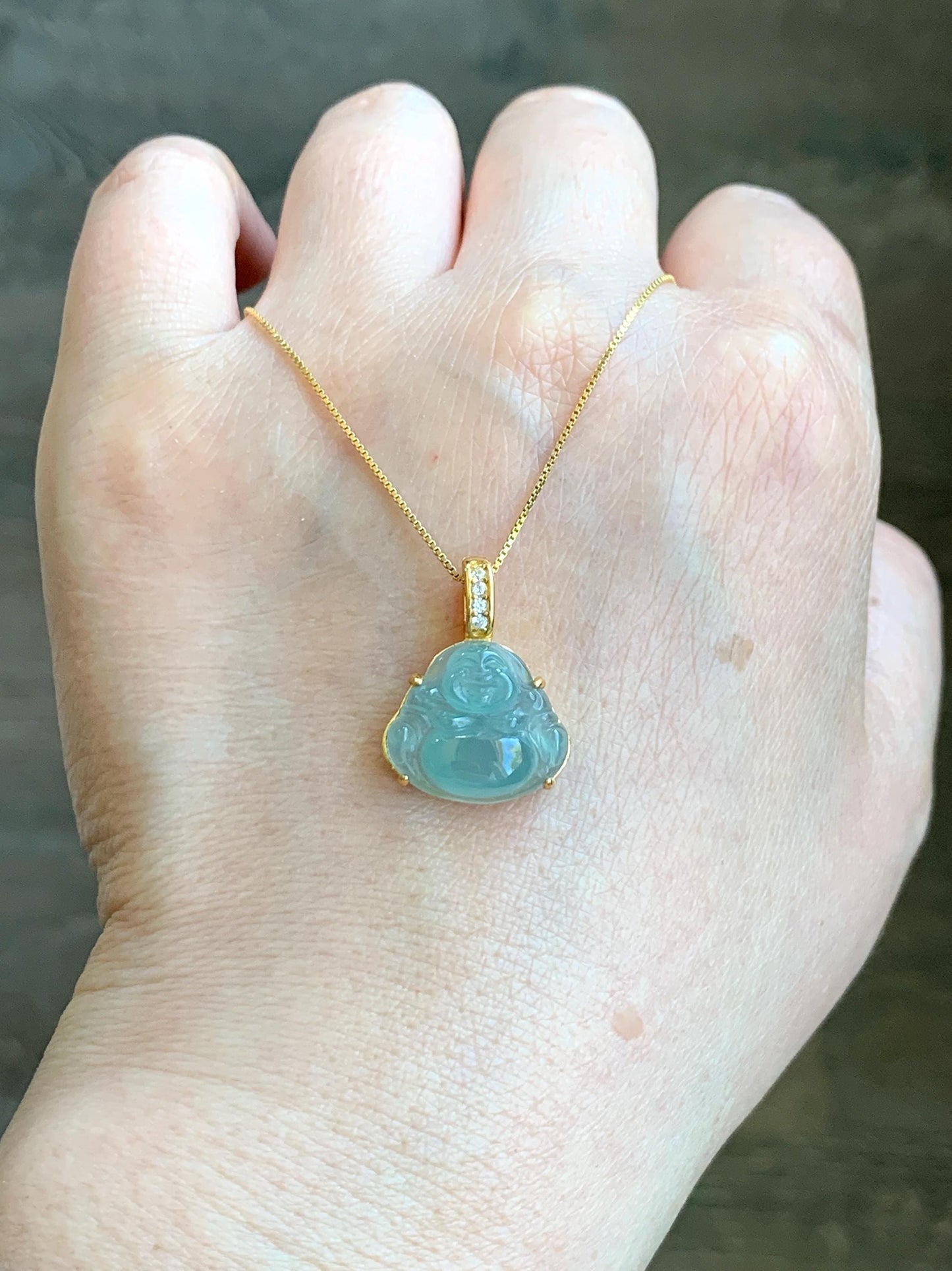 Natural Grade A Guatemalan Icy Highly Translucent Light Teal Jadeite Buddha Pendant Sterling Silver Yellow Gold Overlay 天然冰危浅蓝绿翡翠佛公吊坠 WQF120