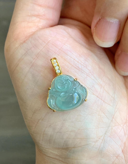 Natural Grade A Guatemalan Icy Highly Translucent Light Teal Jadeite Buddha Pendant Sterling Silver Yellow Gold Overlay 天然冰危浅蓝绿翡翠佛公吊坠 WQF120