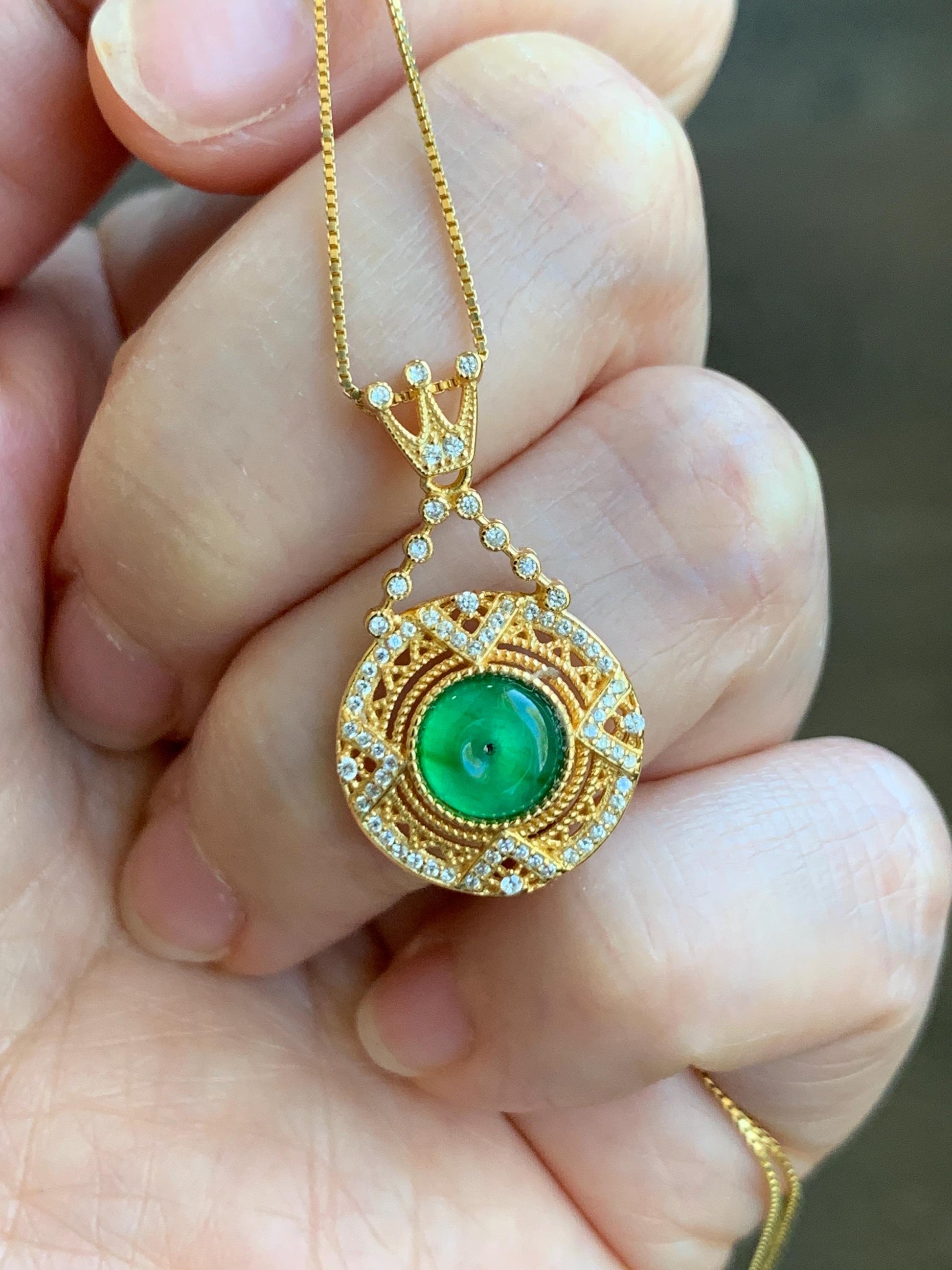 Natural Guatemalan Icy Translucent Vibrant Green Jadeite Ping An Kou Donut Pendant Sterling Silver Yellow Gold Finish 天然冰危绿翡翠迷你平安扣银镶吊坠 MNP66