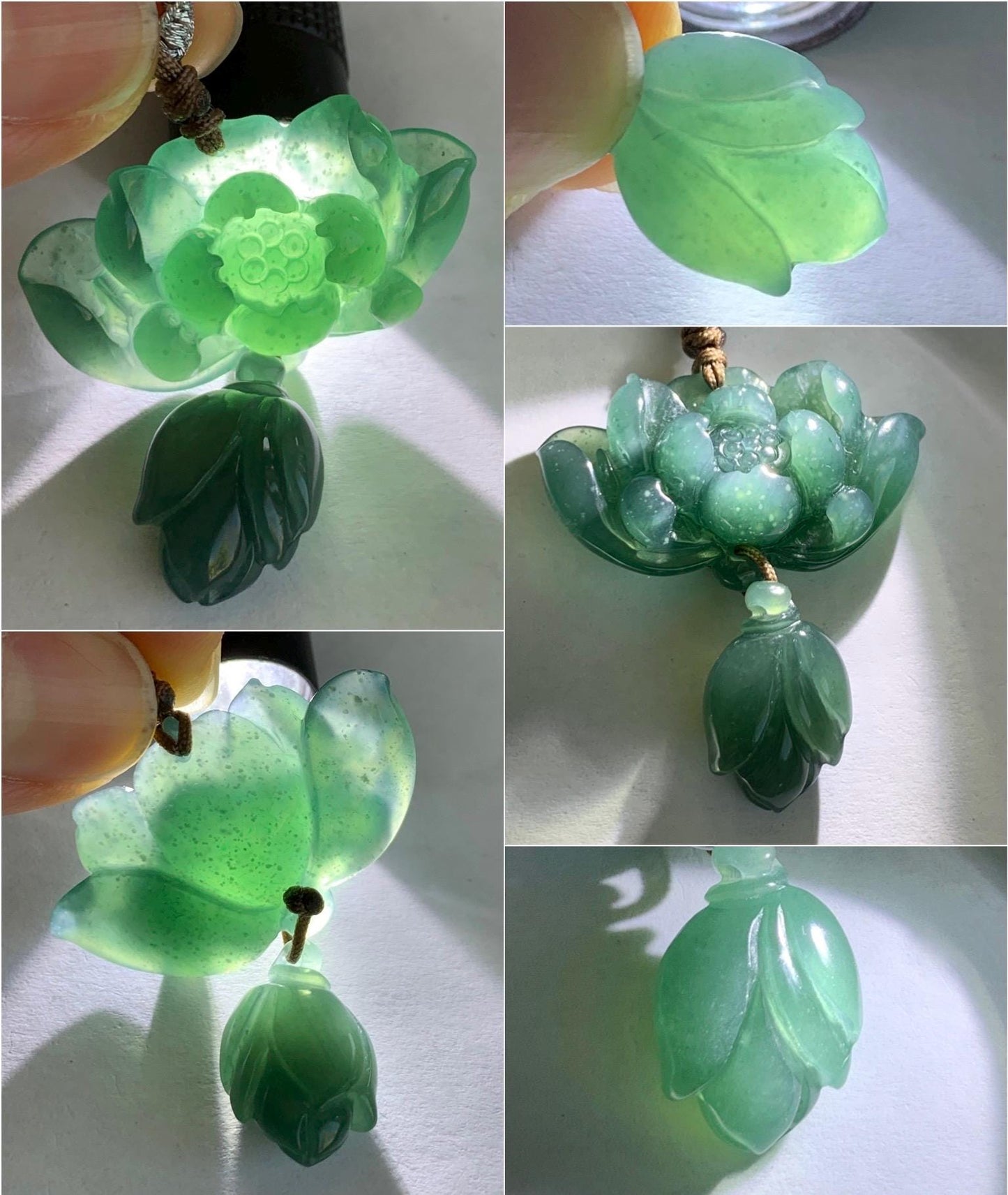 Natural Grade A Guatemalan Icy Translucent Dark Teal Green Jadeite Lotus Flower Pendant Rope Necklace Adjustable 24” 14g 天然冰危深蓝绿翡翠莲花花苞吊坠挂件 A