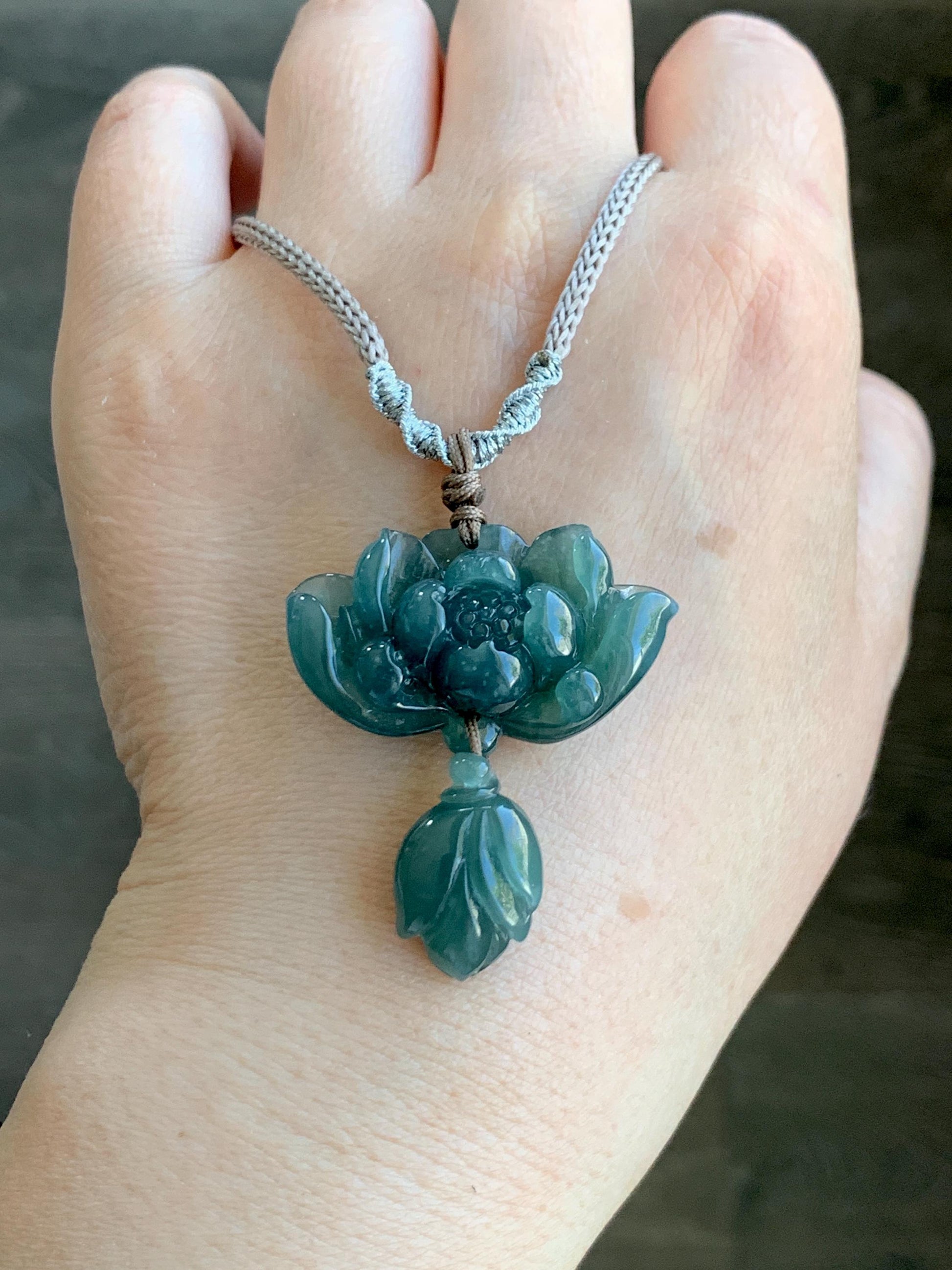 Natural Grade A Guatemalan Icy Translucent Dark Teal Green Jadeite Lotus Flower Pendant Rope Necklace Adjustable 24” 14g 天然冰危深蓝绿翡翠莲花花苞吊坠挂件 A