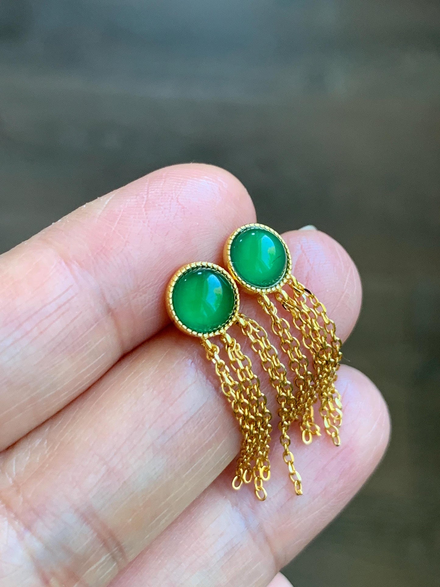 Natural Grade A Guatemalan Icy Translucent Vibrant Green Jadeite Stud Earrings Sterling Silver Yellow Gold Overlay 天然冰危绿翡翠流苏款银耳钉 LSK98