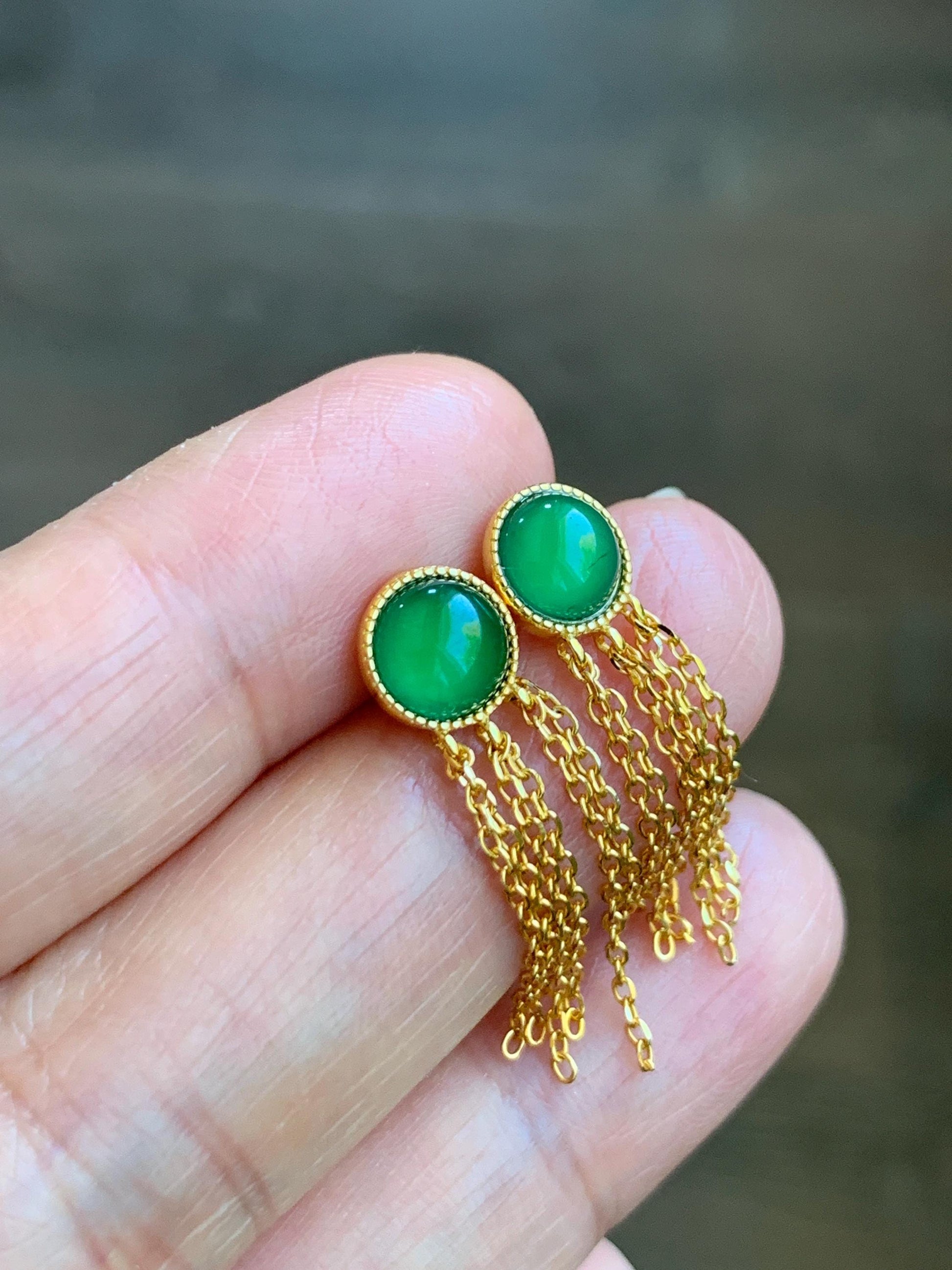 Natural Grade A Guatemalan Icy Translucent Vibrant Green Jadeite Stud Earrings Sterling Silver Yellow Gold Overlay 天然冰危绿翡翠流苏款银耳钉 LSK98