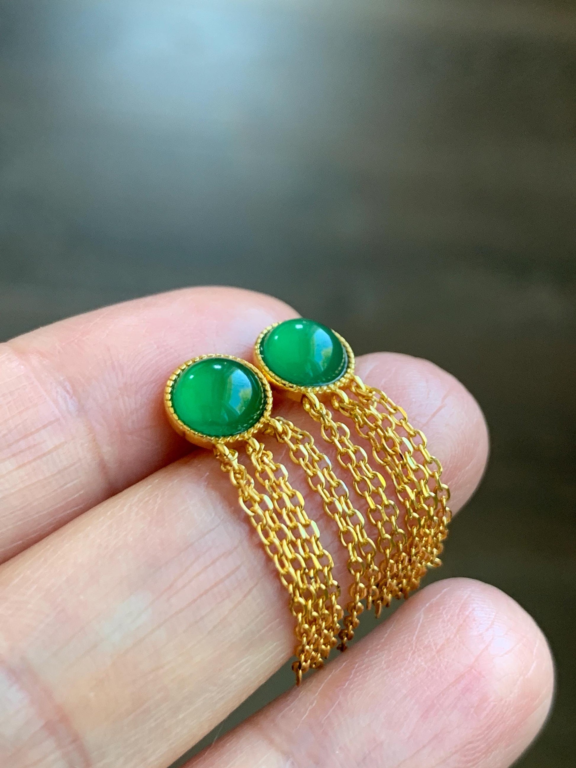 Natural Grade A Guatemalan Icy Translucent Vibrant Green Jadeite Stud Earrings Sterling Silver Yellow Gold Overlay 天然冰危绿翡翠流苏款银耳钉 LSK98