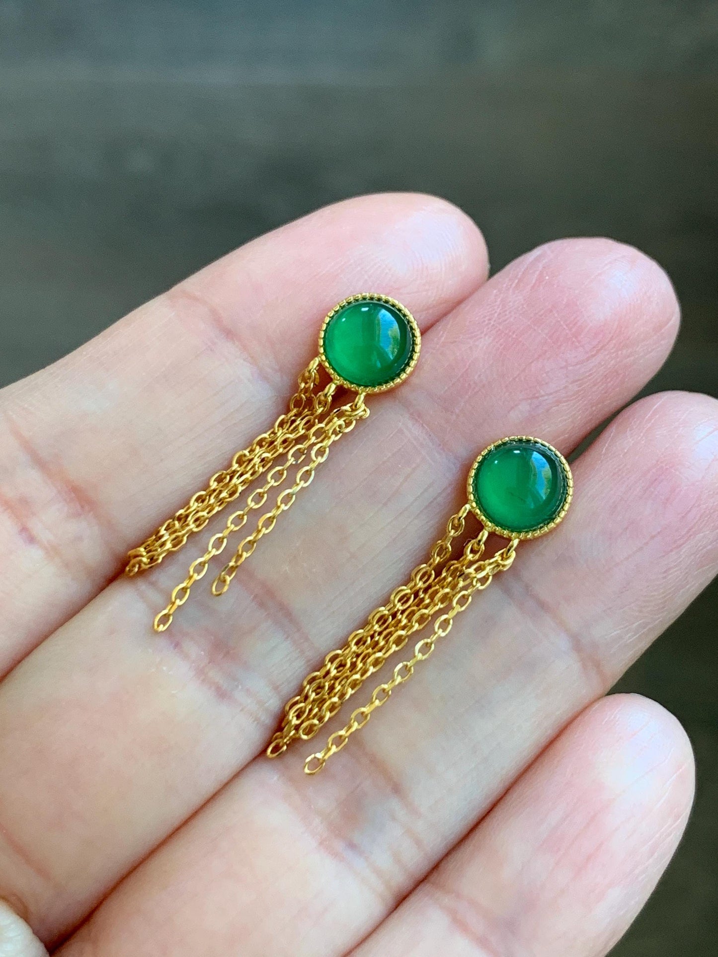 Natural Grade A Guatemalan Icy Translucent Vibrant Green Jadeite Stud Earrings Sterling Silver Yellow Gold Overlay 天然冰危绿翡翠流苏款银耳钉 LSK98