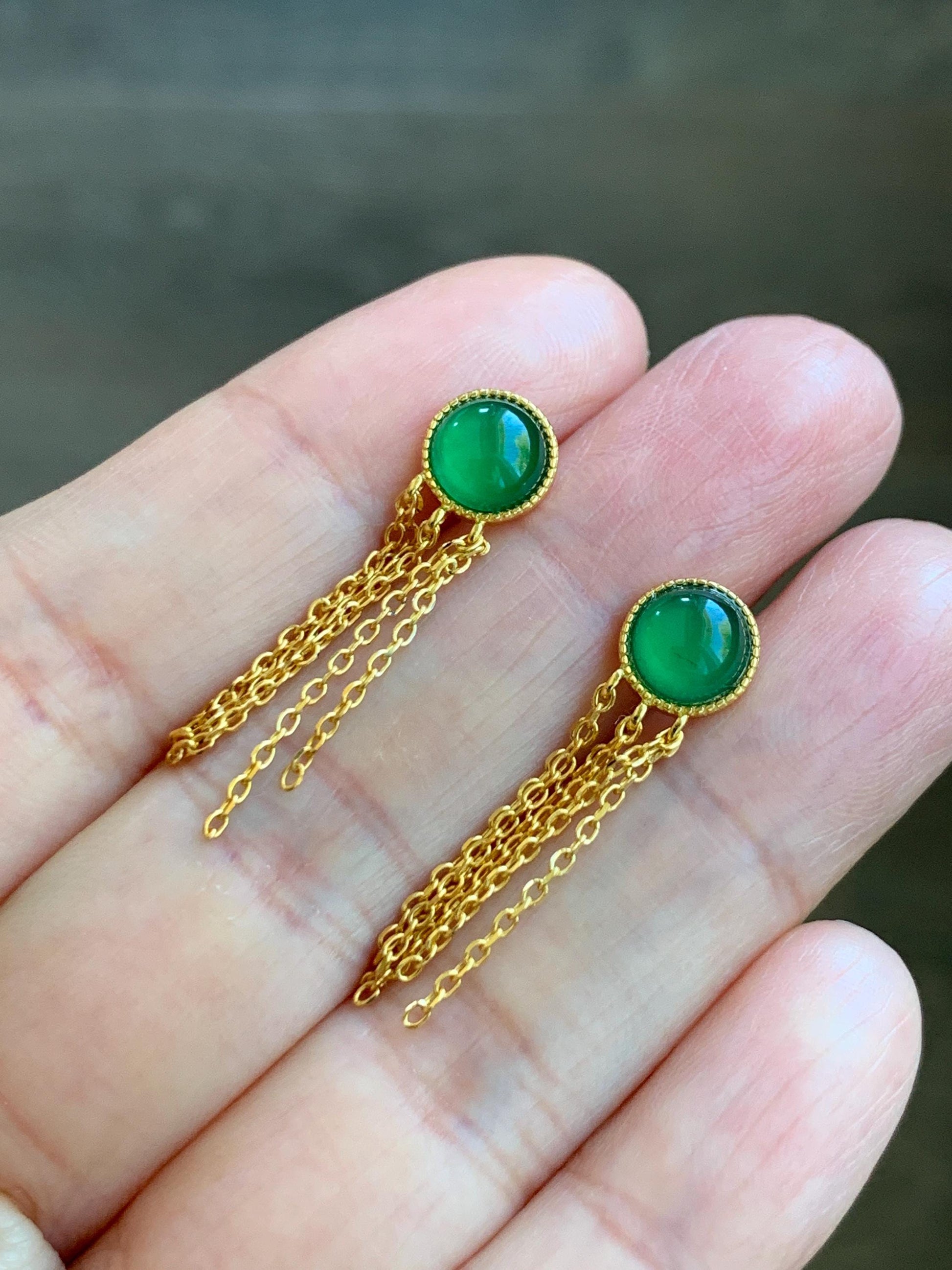 Natural Grade A Guatemalan Icy Translucent Vibrant Green Jadeite Stud Earrings Sterling Silver Yellow Gold Overlay 天然冰危绿翡翠流苏款银耳钉 LSK98