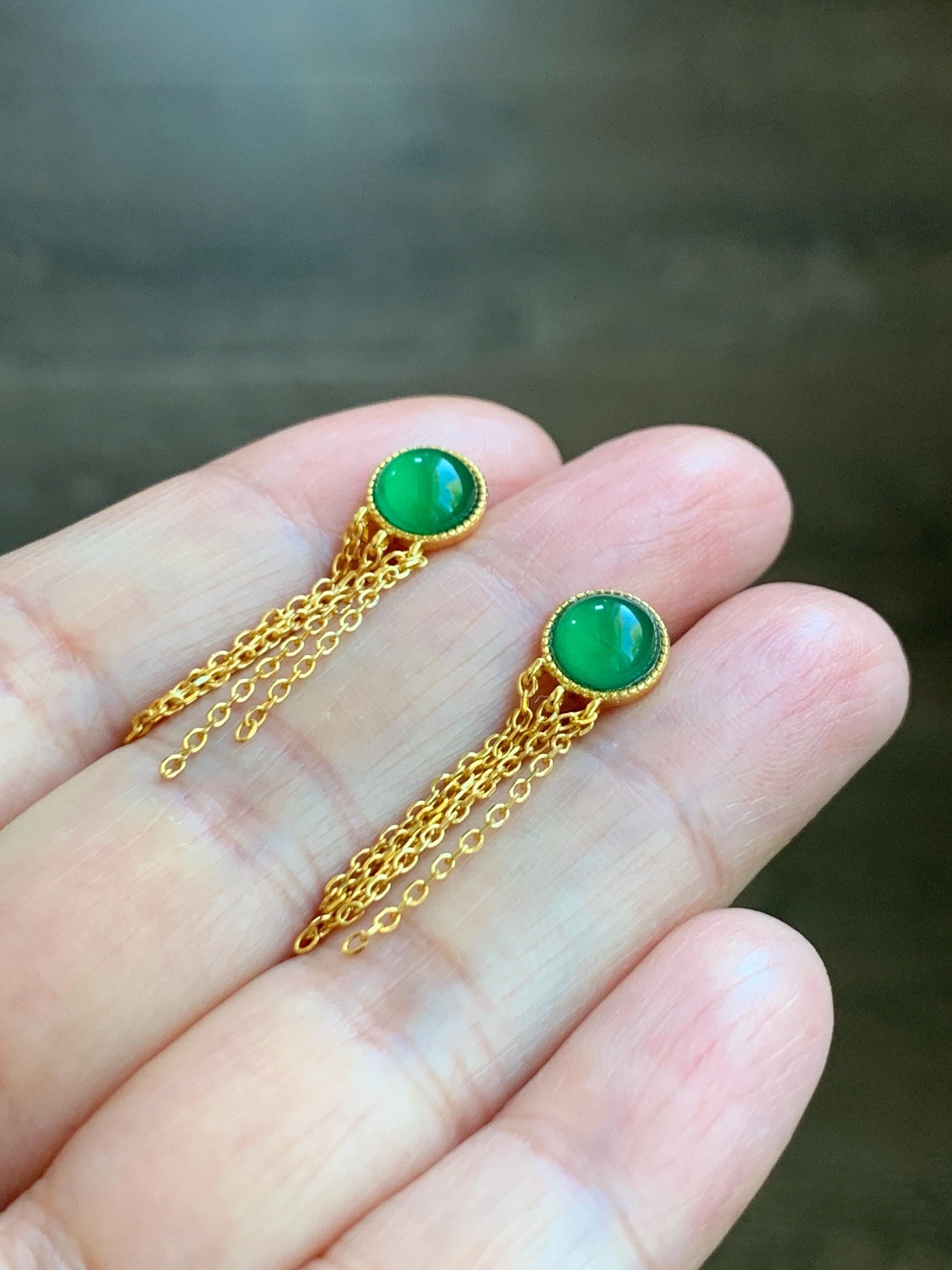 Natural Grade A Guatemalan Icy Translucent Vibrant Green Jadeite Stud Earrings Sterling Silver Yellow Gold Overlay 天然冰危绿翡翠流苏款银耳钉 LSK98