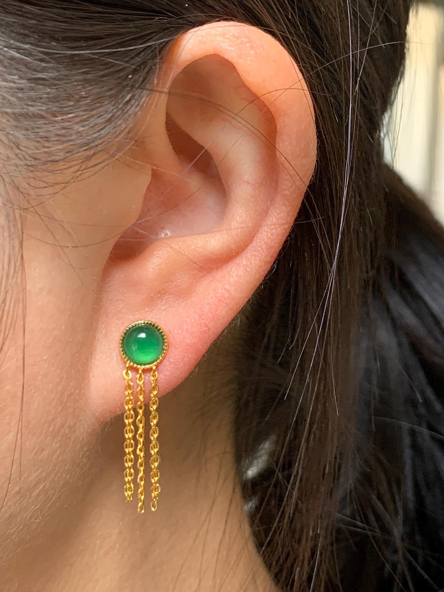 Natural Grade A Guatemalan Icy Translucent Vibrant Green Jadeite Stud Earrings Sterling Silver Yellow Gold Overlay 天然冰危绿翡翠流苏款银耳钉 LSK98