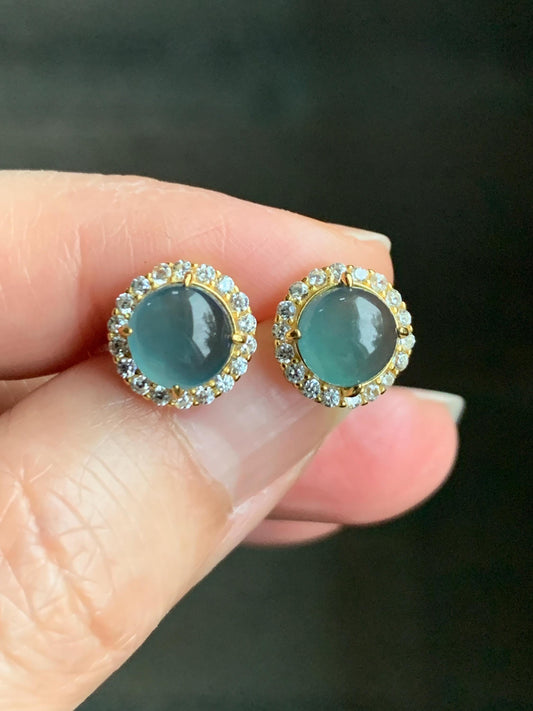 Natural Grade A Guatemalan Icy Translucent Dark Teal Blue Jadeite Halo Style Stud Earrings Sterling Silver YG Overlay 天然冰危深蓝绿翡翠银镶耳钉 WLH88