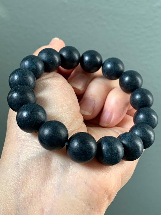 Natural Grade A Opaque Dark Midnight Blue Jadeite Large Round Beads Matte Beaded Bracelet Stretchy 13.6mm 8" 66g 天然A货深牛仔蓝翡翠哑光大卡圆珠手串 MLMS280