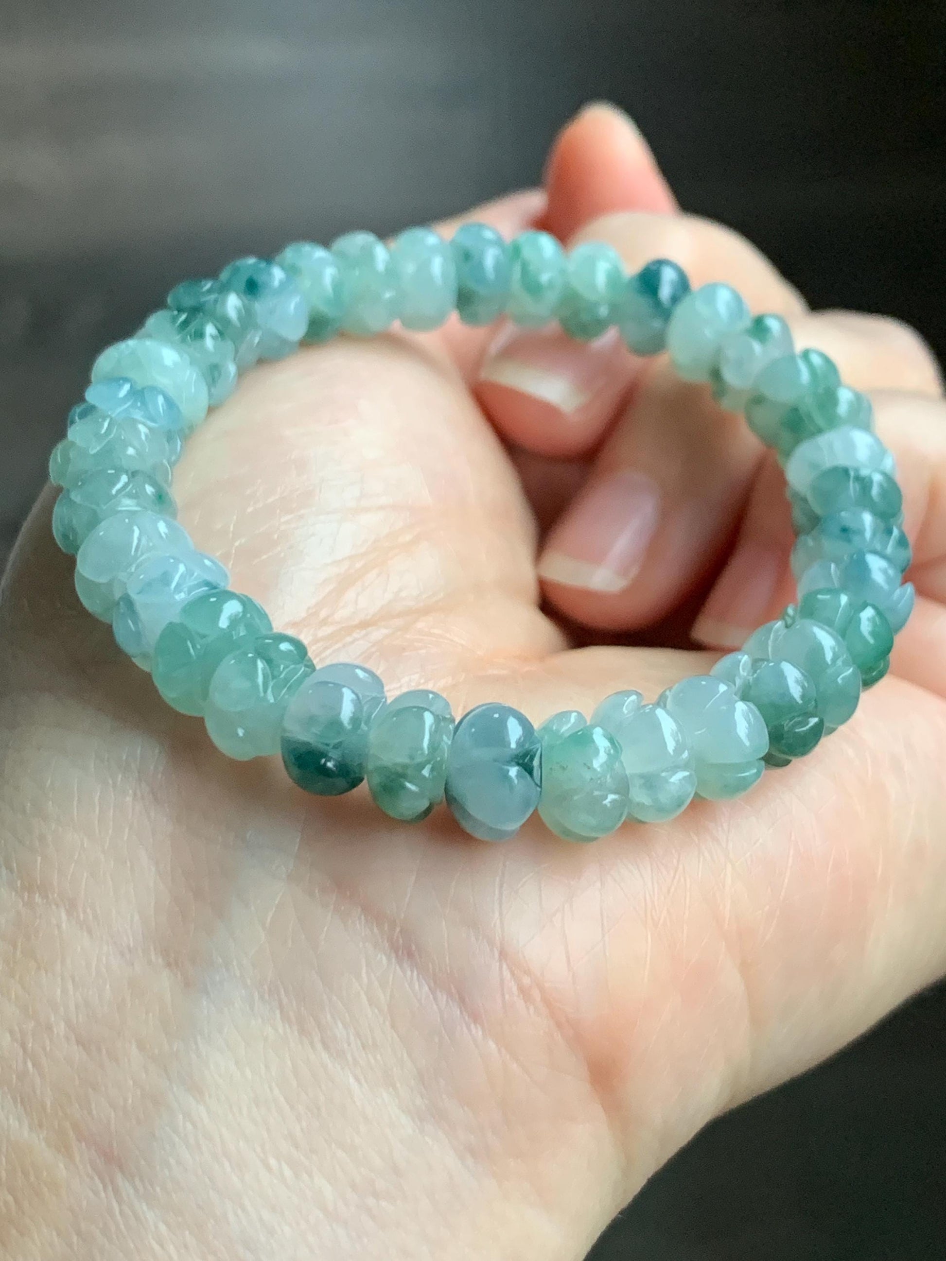 Certified Natural Grade A Icy Translucent Teal Green Marbled Jadeite Carved Lotus Flower beads Beaded Bracelet 6.25” 21g 天然冰胶飘蓝花翡翠莲花珠手串 1127