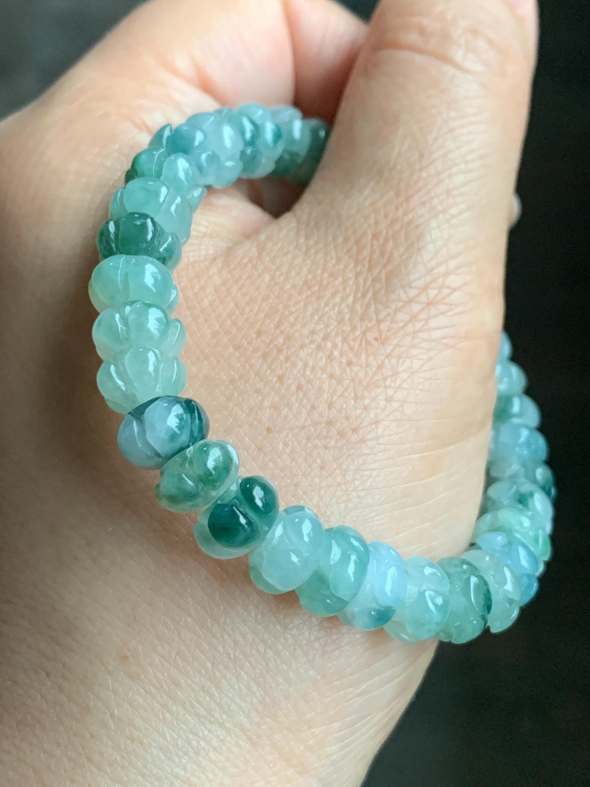 Certified Natural Grade A Icy Translucent Teal Green Marbled Jadeite Carved Lotus Flower beads Beaded Bracelet 6.25” 21g 天然冰胶飘蓝花翡翠莲花珠手串 1127
