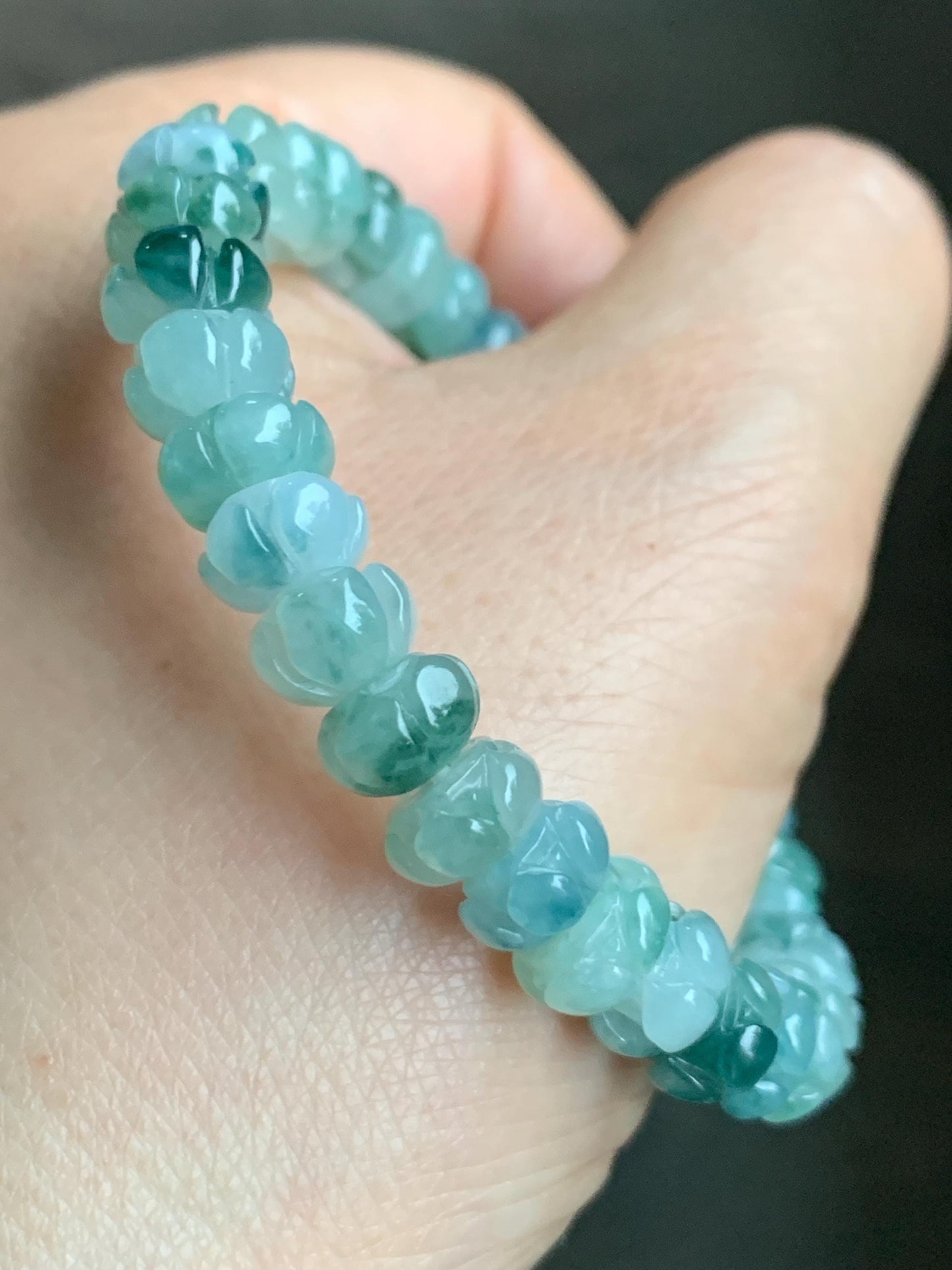 Certified Natural Grade A Icy Translucent Teal Green Marbled Jadeite Carved Lotus Flower beads Beaded Bracelet 6.25” 21g 天然冰胶飘蓝花翡翠莲花珠手串 1127