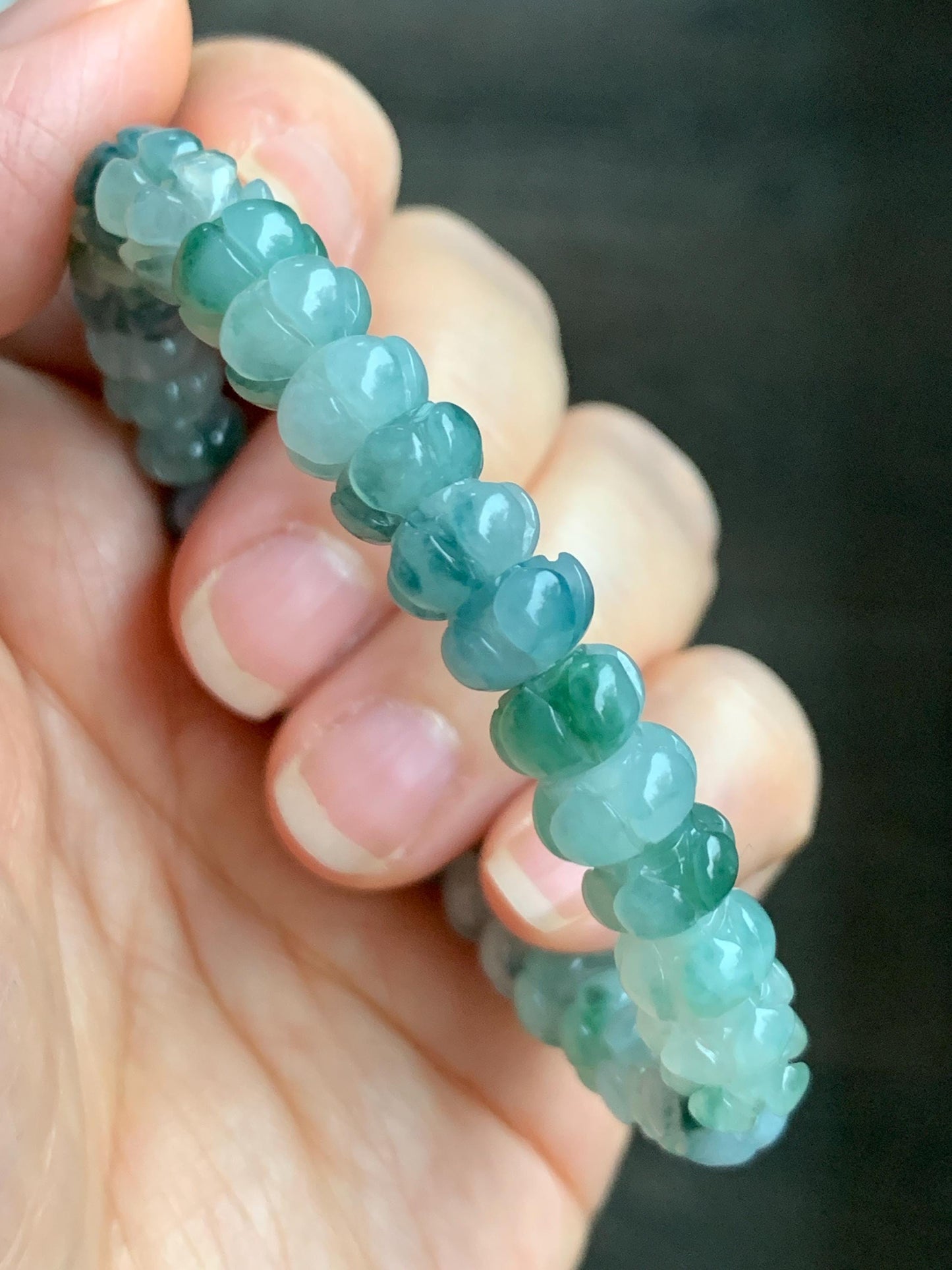 Certified Natural Grade A Icy Translucent Teal Green Marbled Jadeite Carved Lotus Flower beads Beaded Bracelet 6.25” 21g 天然冰胶飘蓝花翡翠莲花珠手串 1127