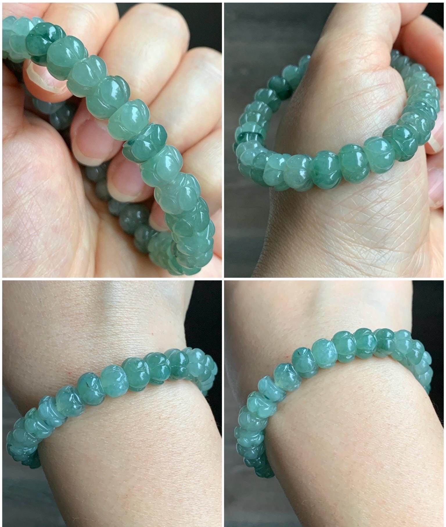 Certified Natural Grade A Icy Translucent Light Sage Green Jadeite Carved Lotus Flower beads Beaded Bracelet 6.25” 26g 天然冰胶飘晴绿飘花翡翠莲花珠手串 1128