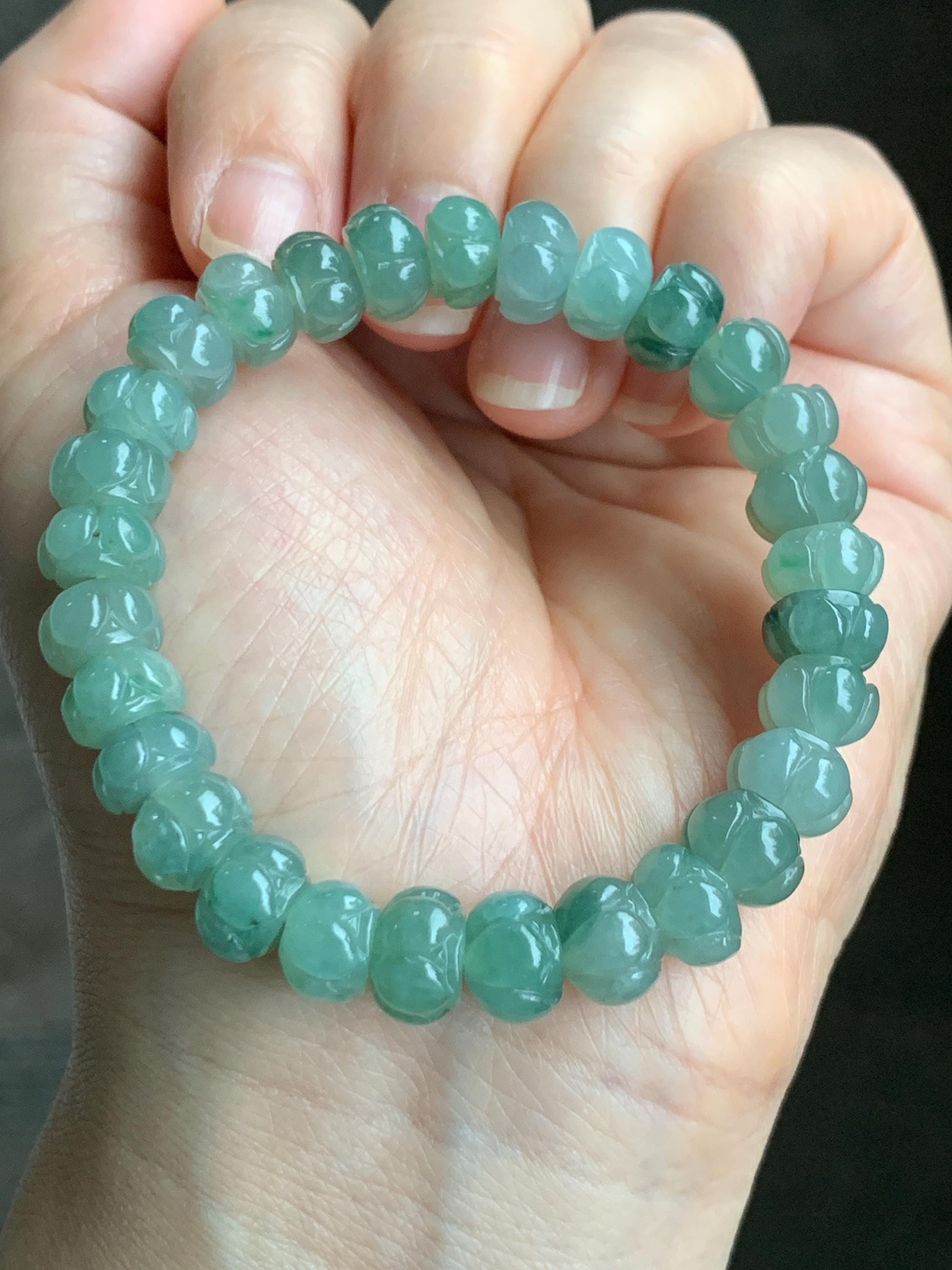 Certified Natural Grade A Icy Translucent Light Sage Green Jadeite Carved Lotus Flower beads Beaded Bracelet 6.25” 26g 天然冰胶飘晴绿飘花翡翠莲花珠手串 1128