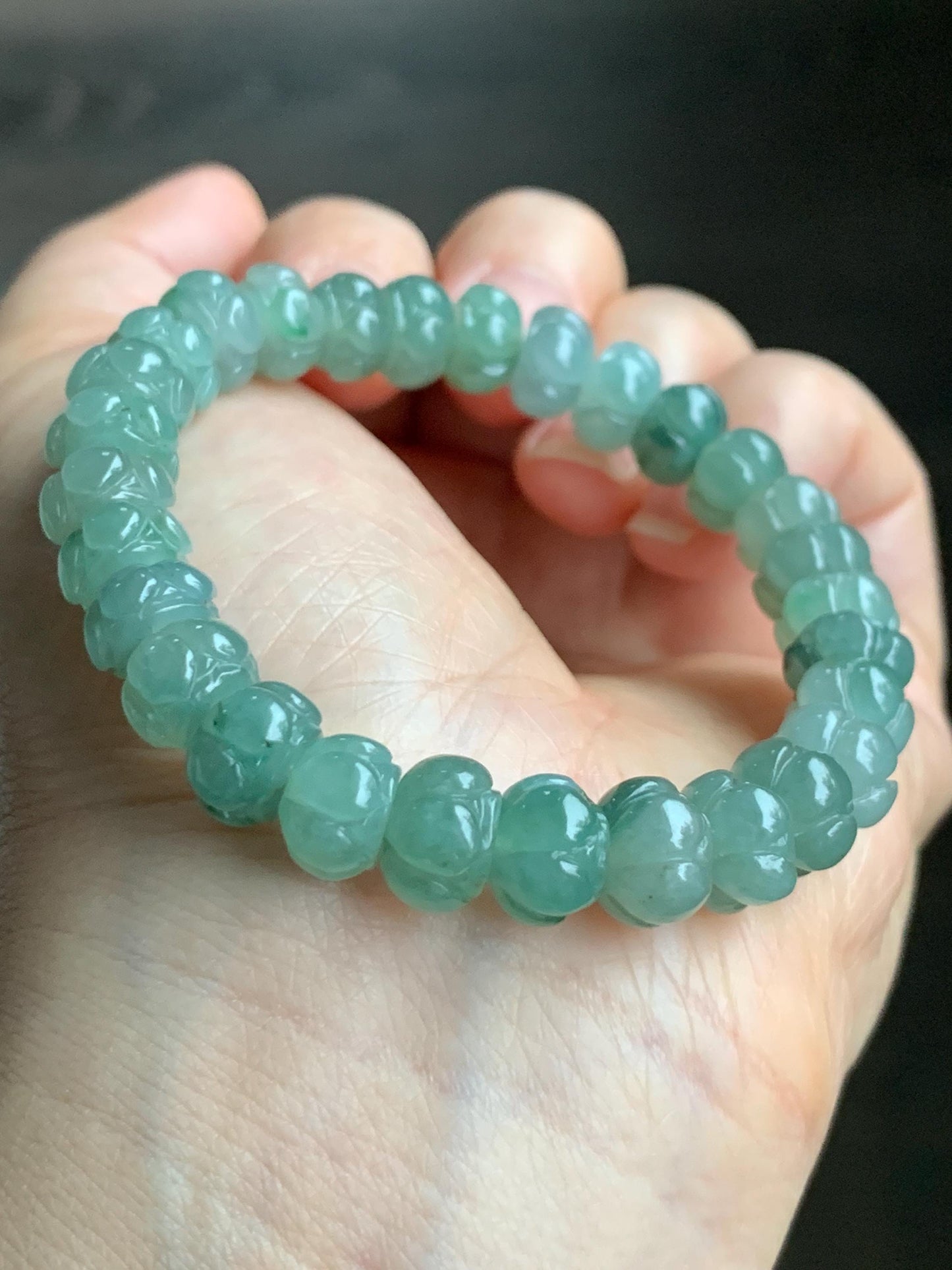Certified Natural Grade A Icy Translucent Light Sage Green Jadeite Carved Lotus Flower beads Beaded Bracelet 6.25” 26g 天然冰胶飘晴绿飘花翡翠莲花珠手串 1128