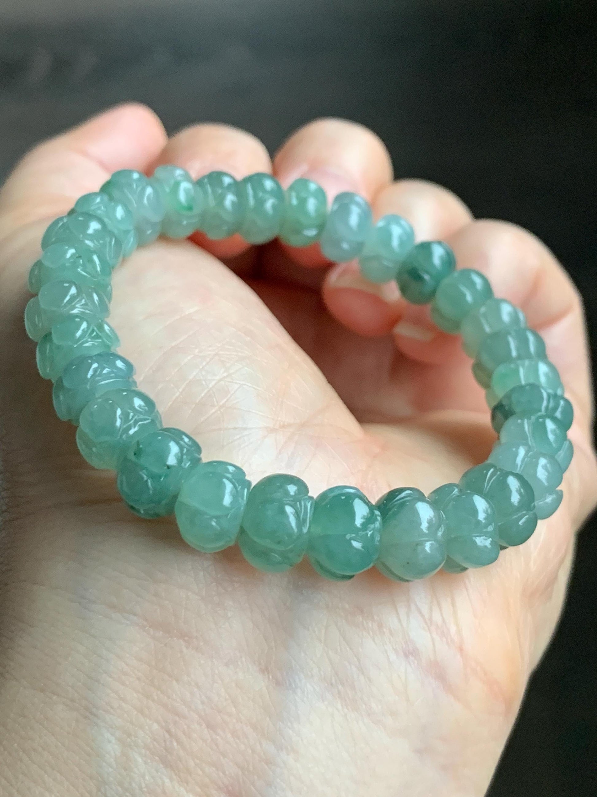 Certified Natural Grade A Icy Translucent Light Sage Green Jadeite Carved Lotus Flower beads Beaded Bracelet 6.25” 26g 天然冰胶飘晴绿飘花翡翠莲花珠手串 1128
