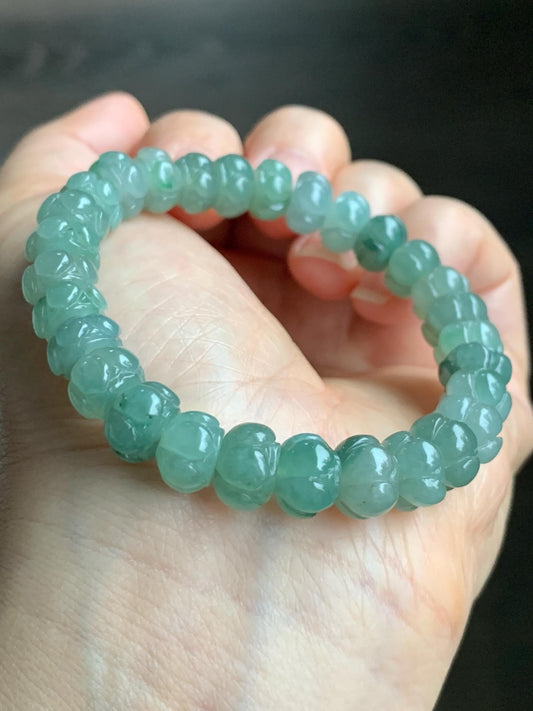 Certified Natural Grade A Icy Translucent Light Sage Green Jadeite Carved Lotus Flower beads Beaded Bracelet 6.25” 26g 天然冰胶飘晴绿飘花翡翠莲花珠手串 1128
