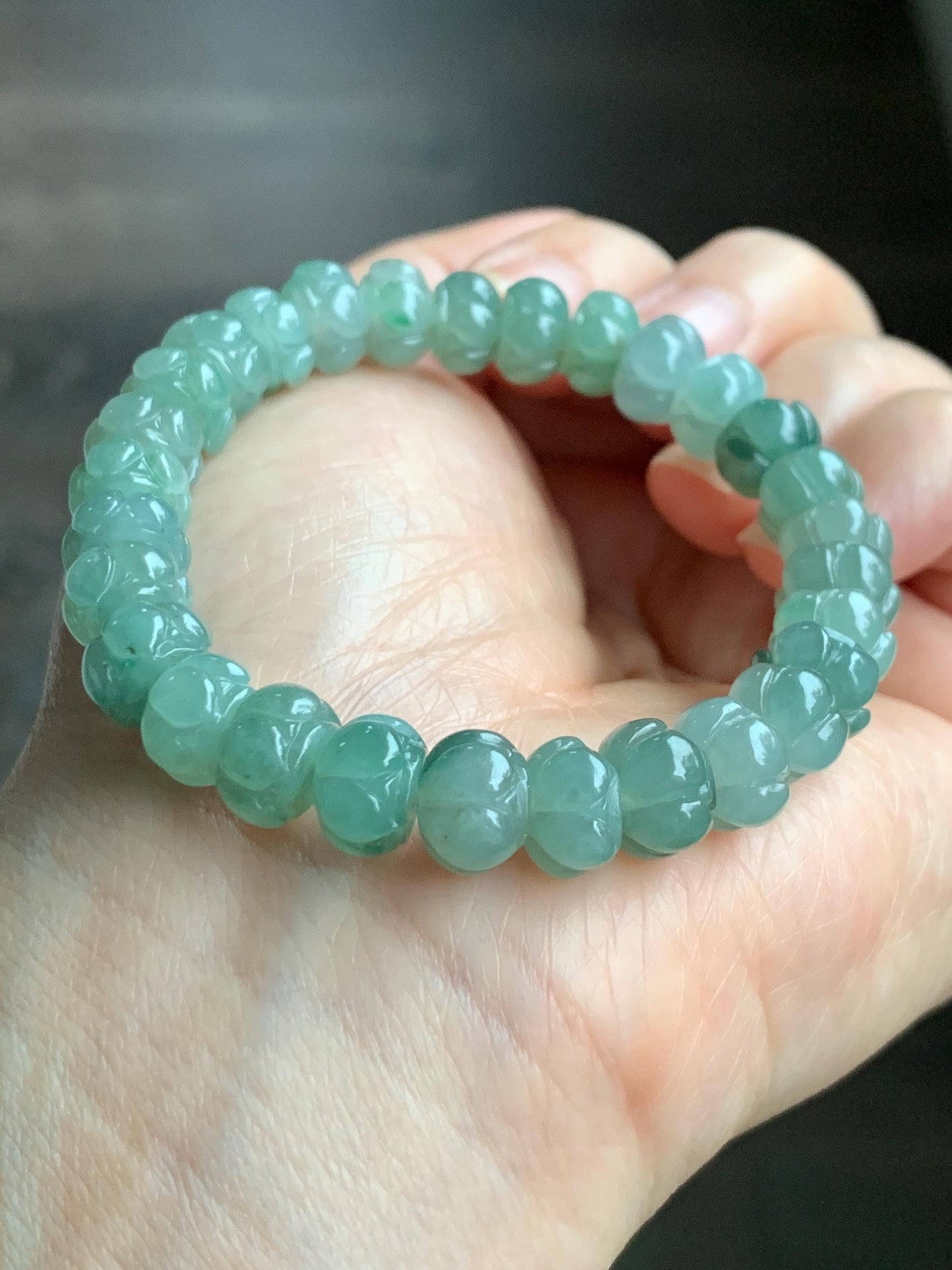 Certified Natural Grade A Icy Translucent Light Sage Green Jadeite Carved Lotus Flower beads Beaded Bracelet 6.25” 26g 天然冰胶飘晴绿飘花翡翠莲花珠手串 1128