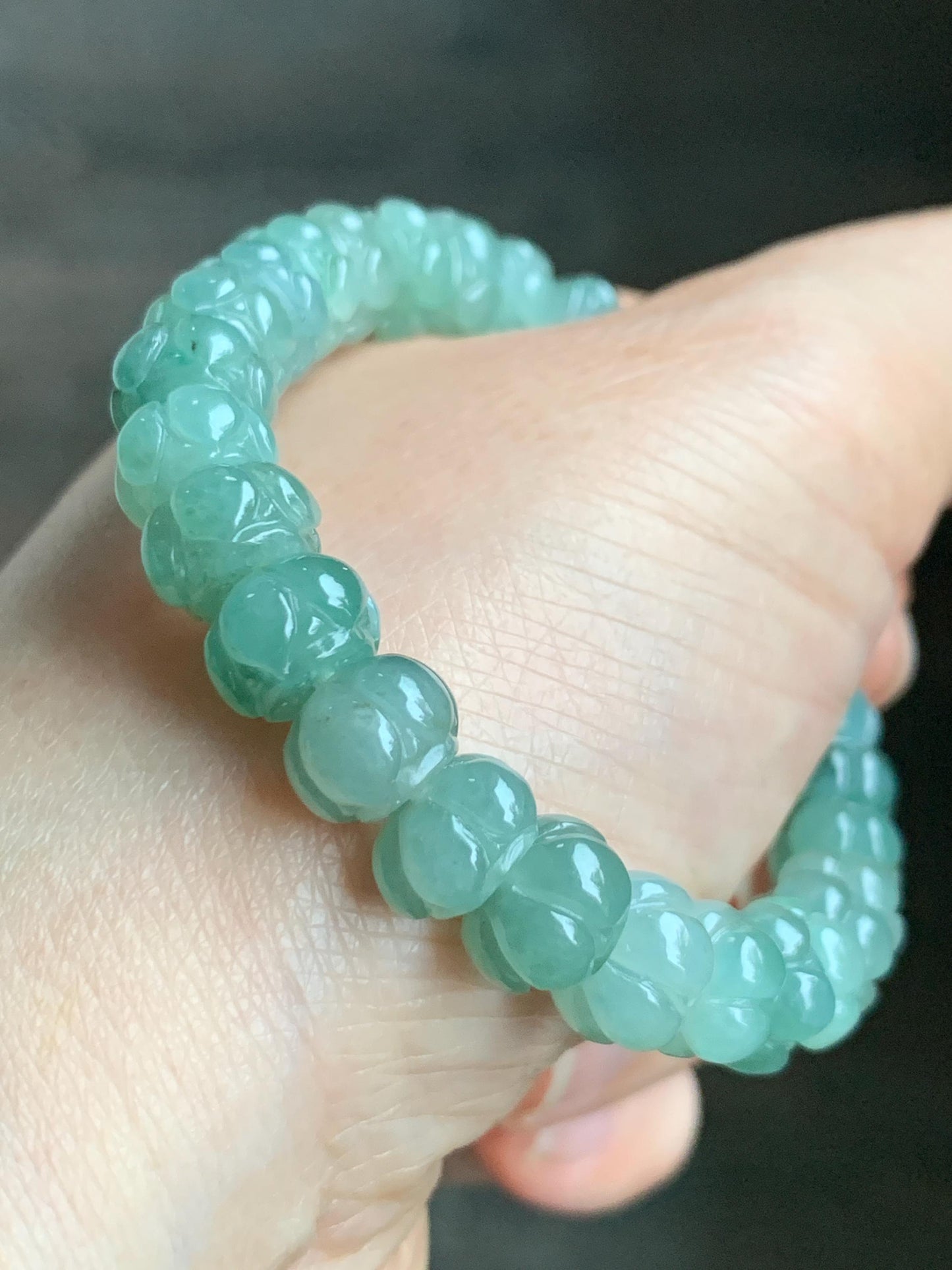 Certified Natural Grade A Icy Translucent Light Sage Green Jadeite Carved Lotus Flower beads Beaded Bracelet 6.25” 26g 天然冰胶飘晴绿飘花翡翠莲花珠手串 1128