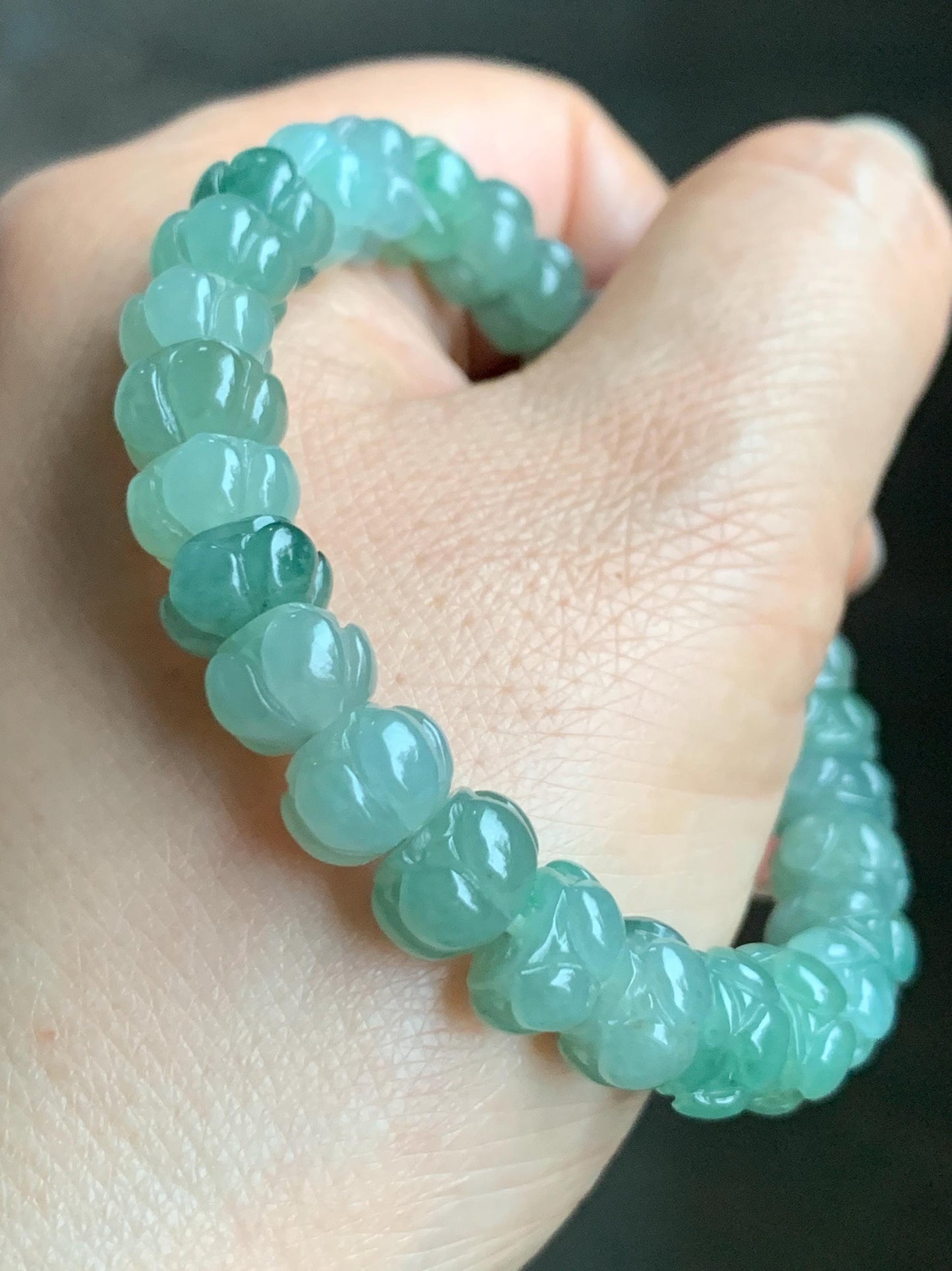 Certified Natural Grade A Icy Translucent Light Sage Green Jadeite Carved Lotus Flower beads Beaded Bracelet 6.25” 26g 天然冰胶飘晴绿飘花翡翠莲花珠手串 1128