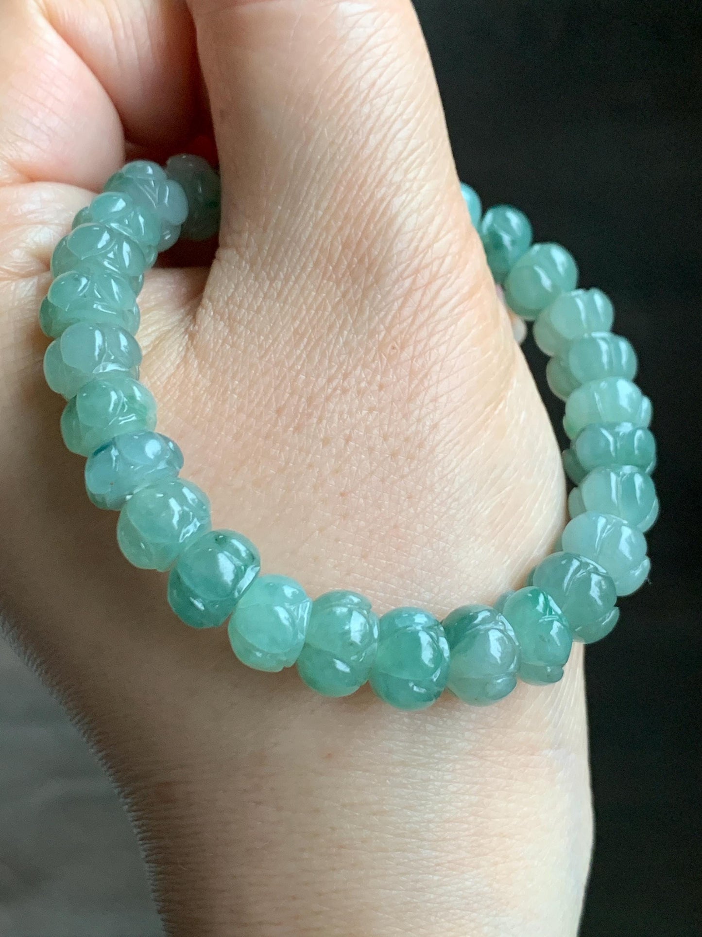 Certified Natural Grade A Icy Translucent Light Sage Green Jadeite Carved Lotus Flower beads Beaded Bracelet 6.25” 26g 天然冰胶飘晴绿飘花翡翠莲花珠手串 1128