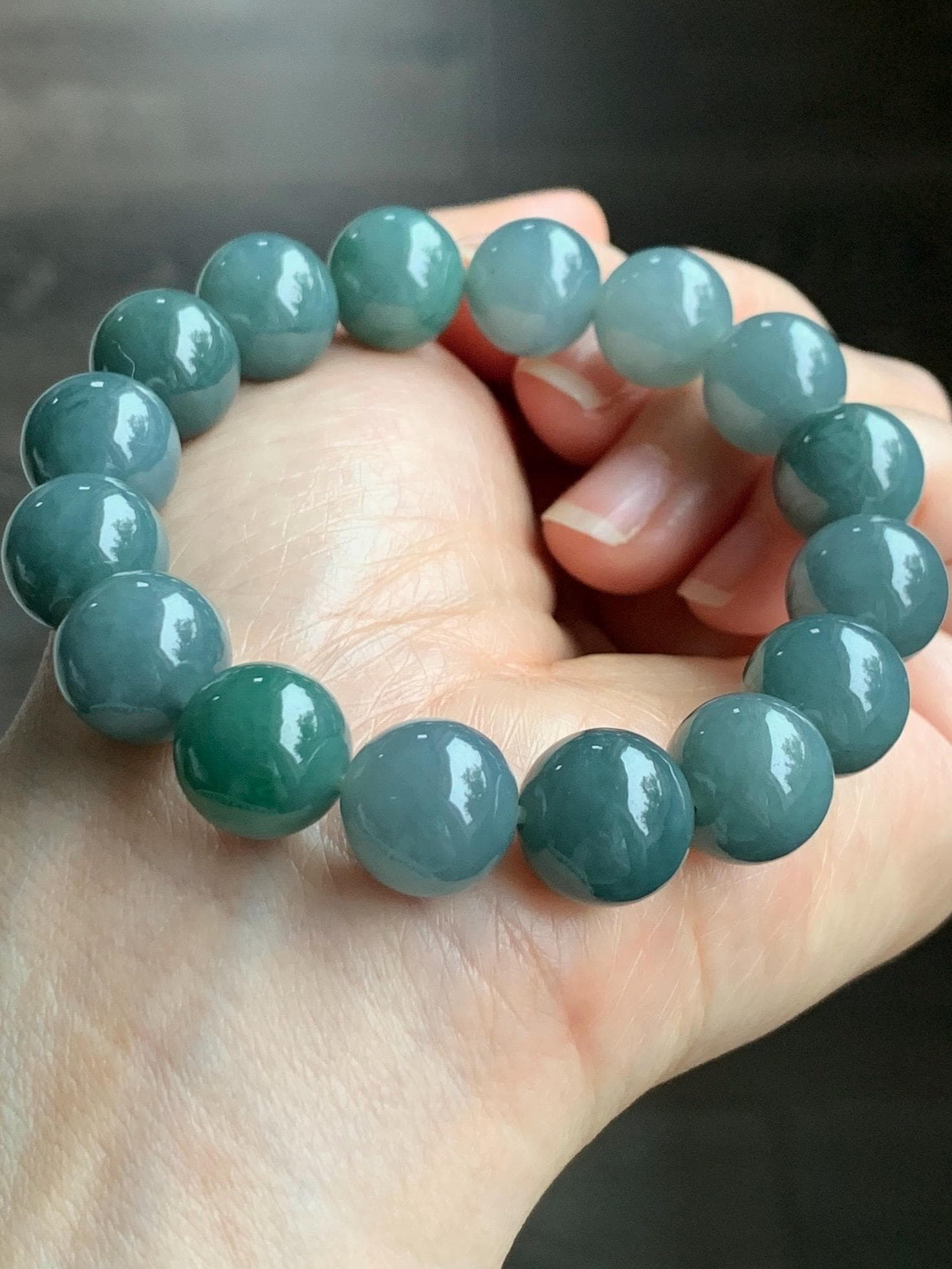 LARGE Natural Grade A Guatemalan Icy Translucent Dusty Blue Green Marbled Jadeite Beaded Bracelet 12.5mm 7” 57g 天然冰危暗蓝飘绿花翡翠大卡手串 DHB300