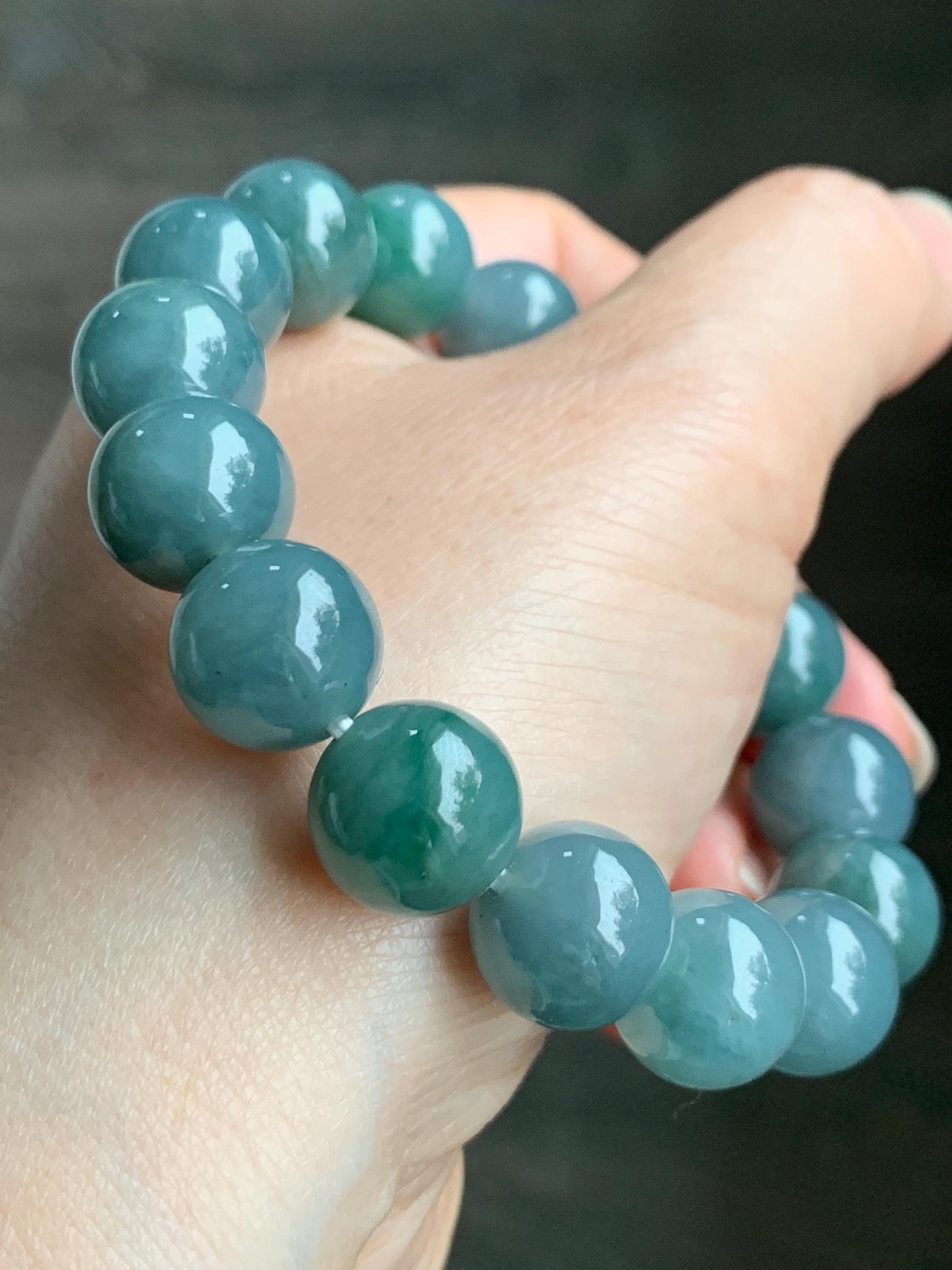 LARGE Natural Grade A Guatemalan Icy Translucent Dusty Blue Green Marbled Jadeite Beaded Bracelet 12.5mm 7” 57g 天然冰危暗蓝飘绿花翡翠大卡手串 DHB300