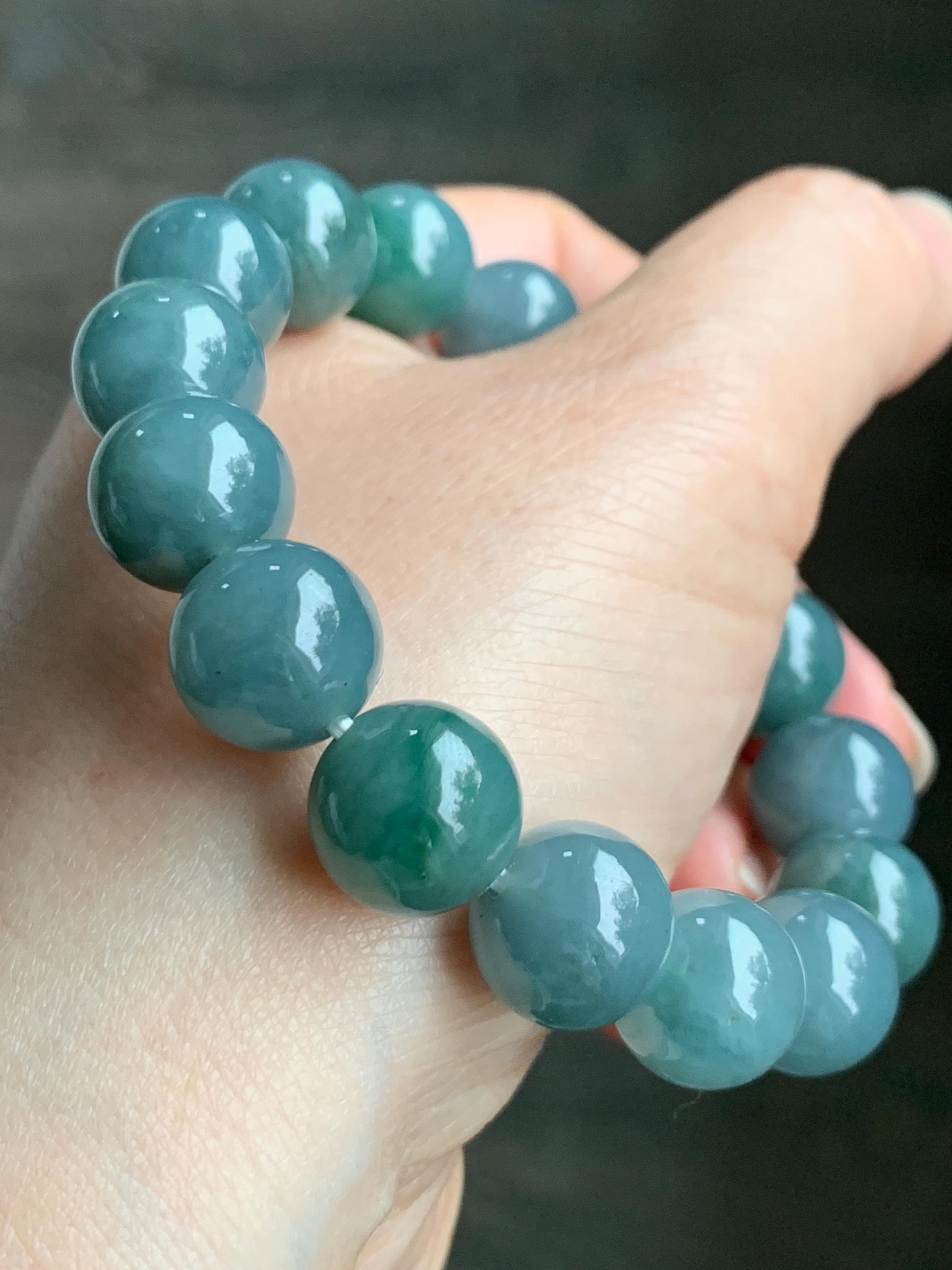 LARGE Natural Grade A Guatemalan Icy Translucent Dusty Blue Green Marbled Jadeite Beaded Bracelet 12.5mm 7” 57g 天然冰危暗蓝飘绿花翡翠大卡手串 DHB300