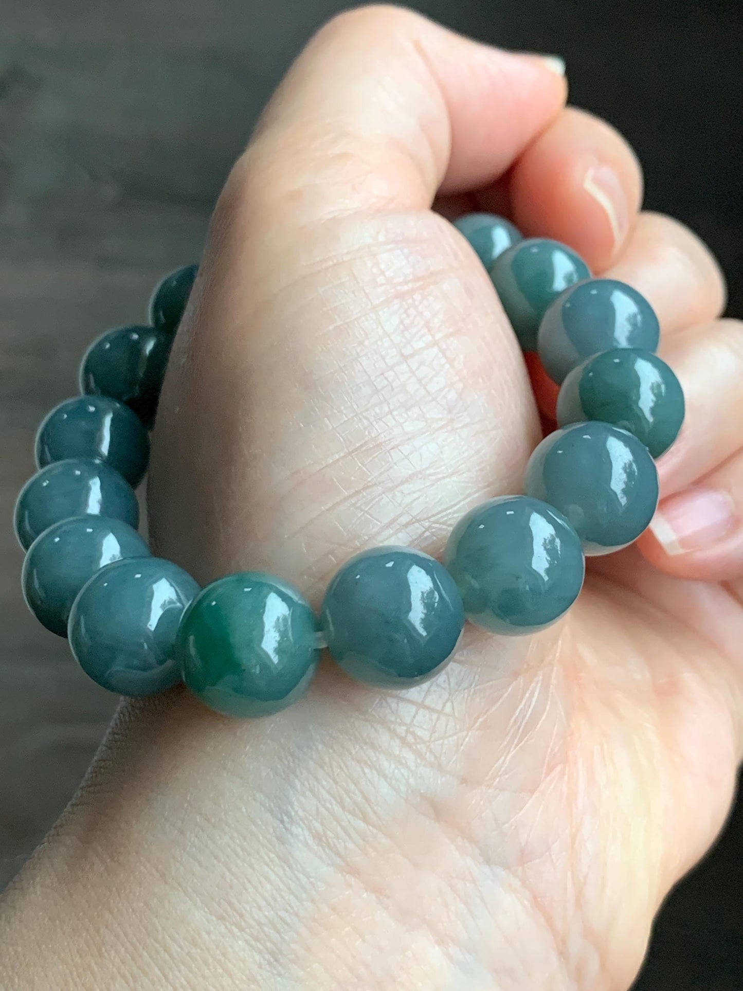 LARGE Natural Grade A Guatemalan Icy Translucent Dusty Blue Green Marbled Jadeite Beaded Bracelet 12.5mm 7” 57g 天然冰危暗蓝飘绿花翡翠大卡手串 DHB300