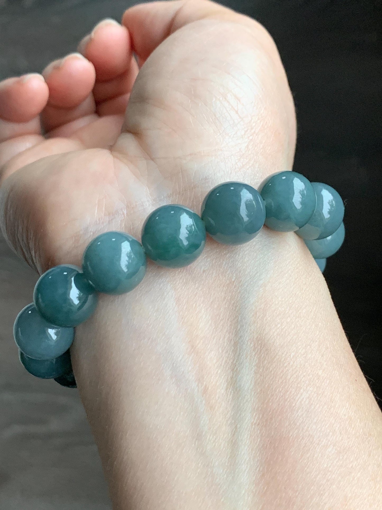 LARGE Natural Grade A Guatemalan Icy Translucent Dusty Blue Green Marbled Jadeite Beaded Bracelet 12.5mm 7” 57g 天然冰危暗蓝飘绿花翡翠大卡手串 DHB300