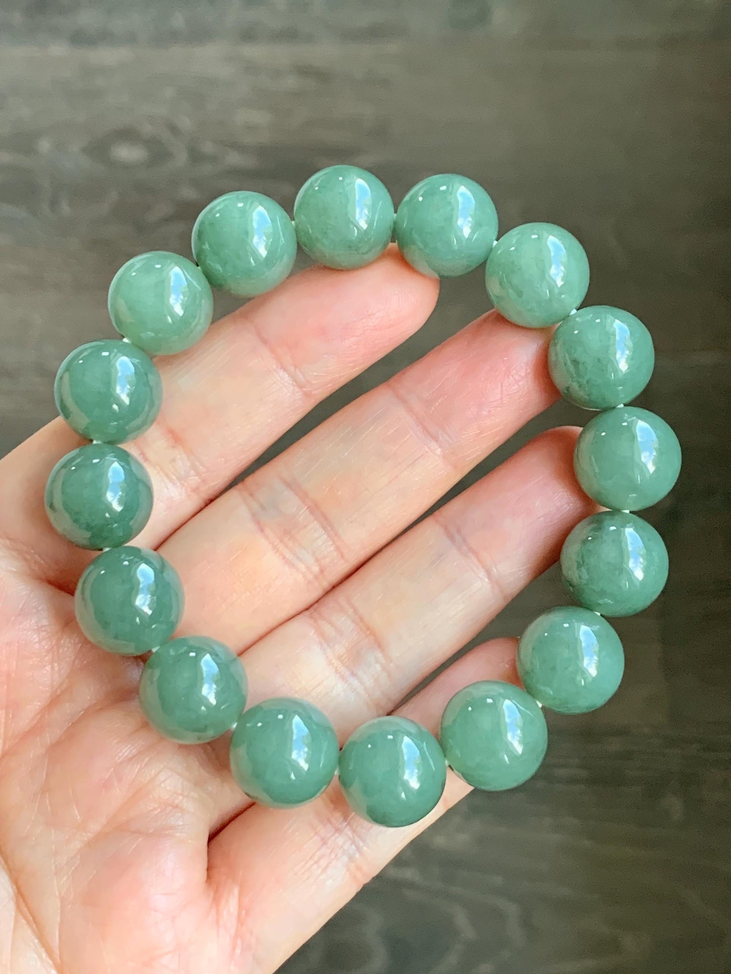 Natural Grade A Icy Translucent Gelatinous Olive Green Jadeite Large Beads Beaded Bracelet Stretchy 12.9mm 7.25” 59g 天然糯冰老油绿晴翡翠大卡手串 GLL440