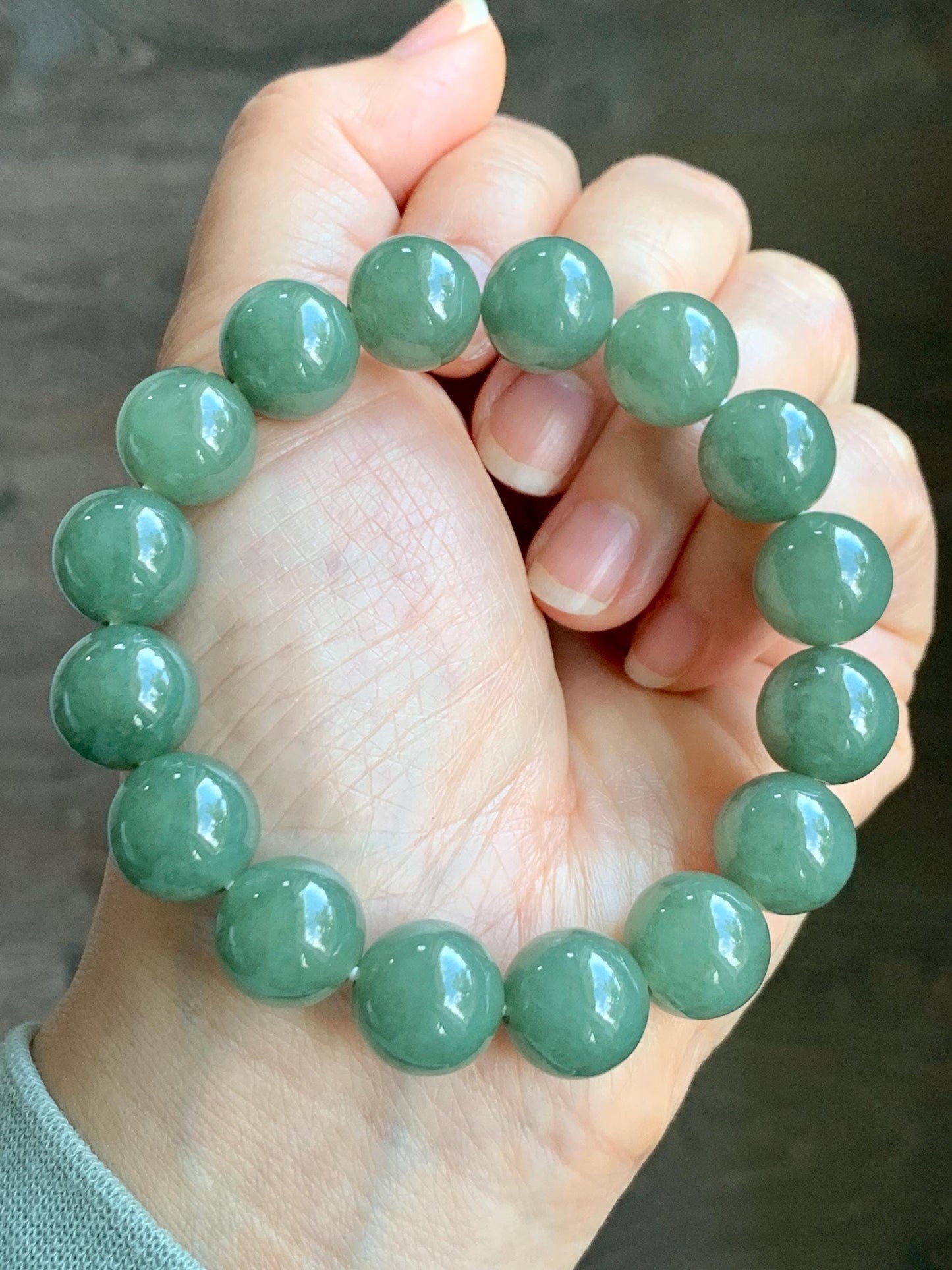 Natural Grade A Icy Translucent Gelatinous Olive Green Jadeite Large Beads Beaded Bracelet Stretchy 12.9mm 7.25” 59g 天然糯冰老油绿晴翡翠大卡手串 GLL440