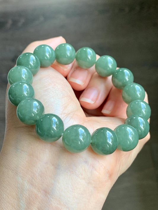 Natural Grade A Icy Translucent Gelatinous Olive Green Jadeite Large Beads Beaded Bracelet Stretchy 12.9mm 7.25” 59g 天然糯冰老油绿晴翡翠大卡手串 GLL440