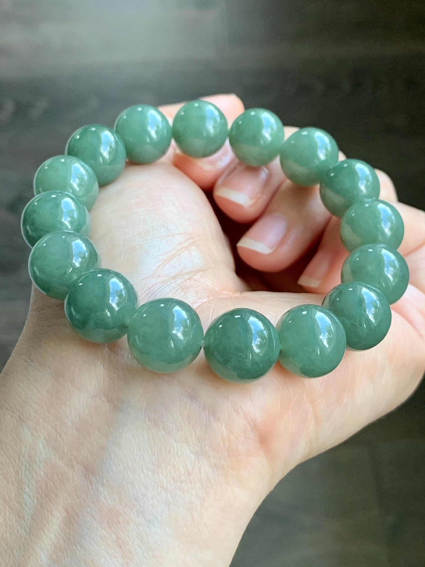 Natural Grade A Icy Translucent Gelatinous Olive Green Jadeite Large Beads Beaded Bracelet Stretchy 12.9mm 7.25” 59g 天然糯冰老油绿晴翡翠大卡手串 GLL440