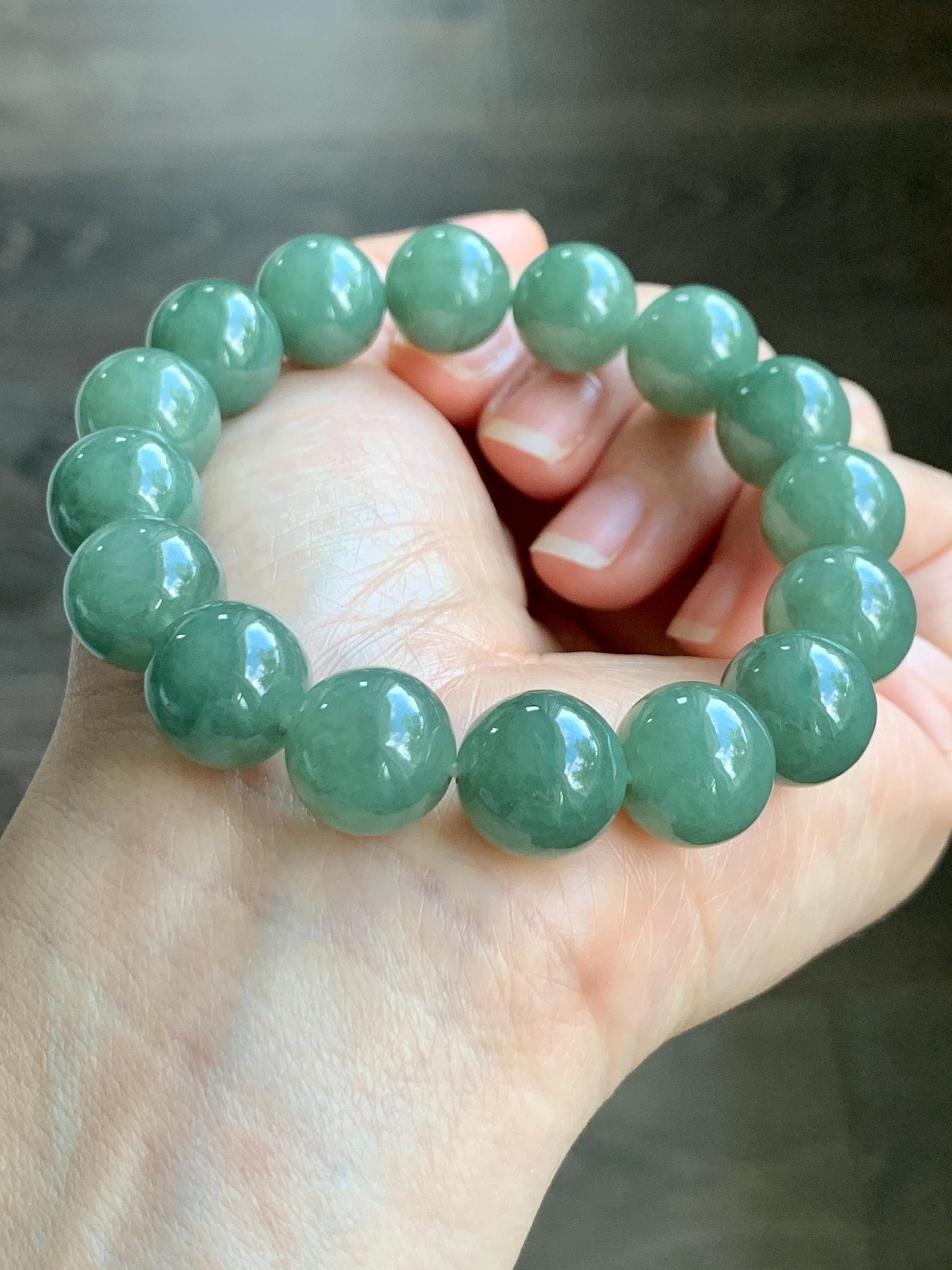 Natural Grade A Icy Translucent Gelatinous Olive Green Jadeite Large Beads Beaded Bracelet Stretchy 12.9mm 7.25” 59g 天然糯冰老油绿晴翡翠大卡手串 GLL440