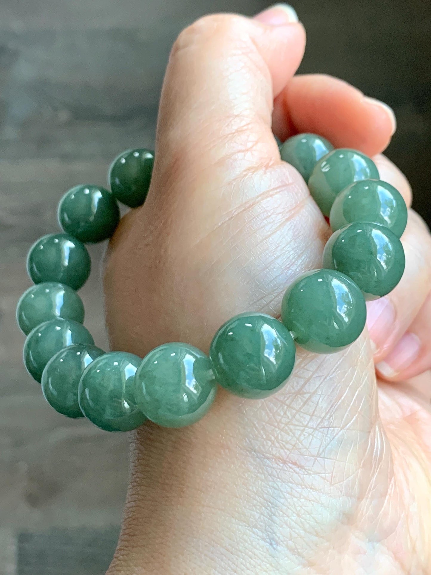 Natural Grade A Icy Translucent Gelatinous Olive Green Jadeite Large Beads Beaded Bracelet Stretchy 12.9mm 7.25” 59g 天然糯冰老油绿晴翡翠大卡手串 GLL440
