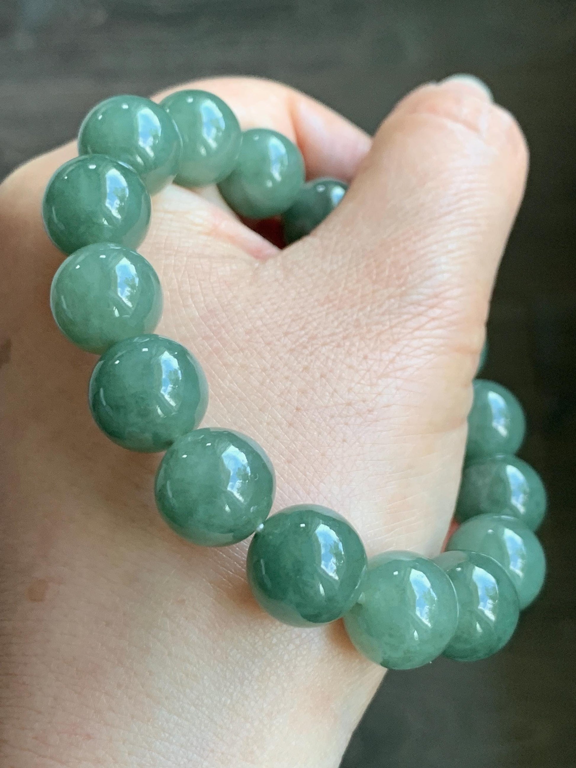 Natural Grade A Icy Translucent Gelatinous Olive Green Jadeite Large Beads Beaded Bracelet Stretchy 12.9mm 7.25” 59g 天然糯冰老油绿晴翡翠大卡手串 GLL440