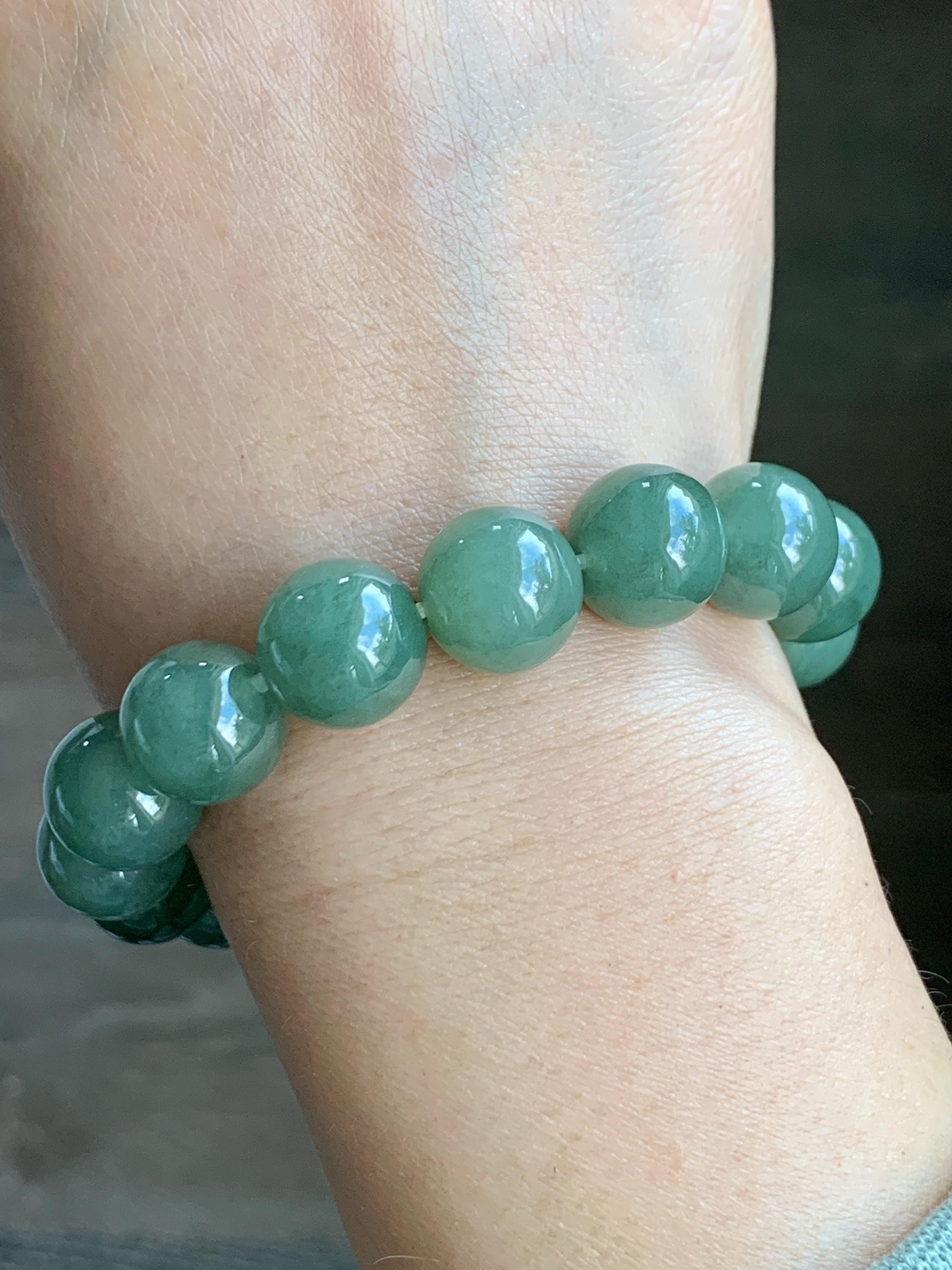 Natural Grade A Icy Translucent Gelatinous Olive Green Jadeite Large Beads Beaded Bracelet Stretchy 12.9mm 7.25” 59g 天然糯冰老油绿晴翡翠大卡手串 GLL440