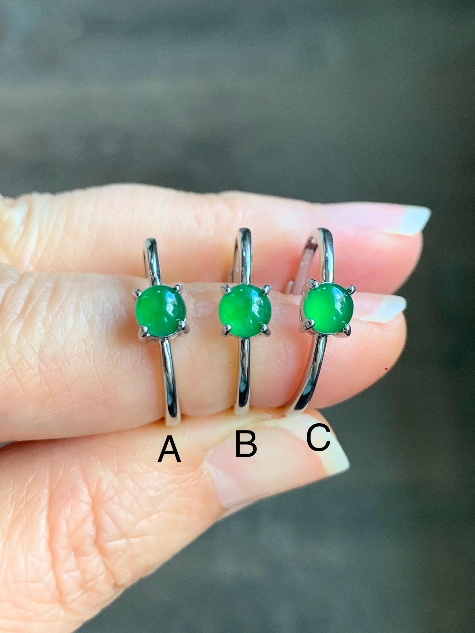 Natural Grade A Guatemalan Icy Translucent Vibrant Green Jadeite Solitaire Ring Stackable Sterling Silver Adjustable 天然冰危绿翡翠银镶戒指 XDK165