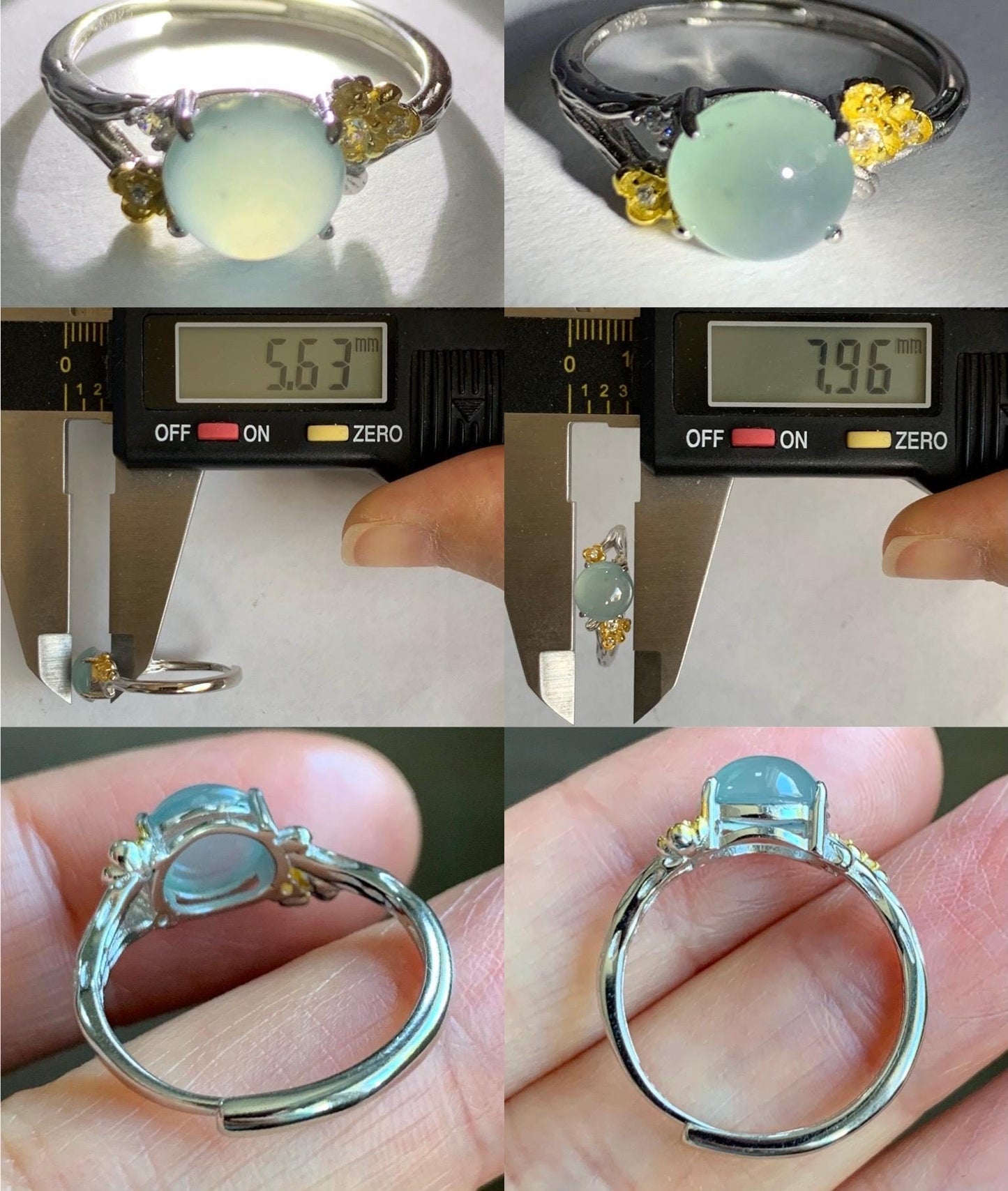 Natural Guatemalan Icy Highly Translucent Pastel Blue Jadeite Cherry Blossom Branch Ring Sterling Silver Adjustable 天然冰危淡蓝起光翡翠梅花枝银镶戒指 MHZH-C