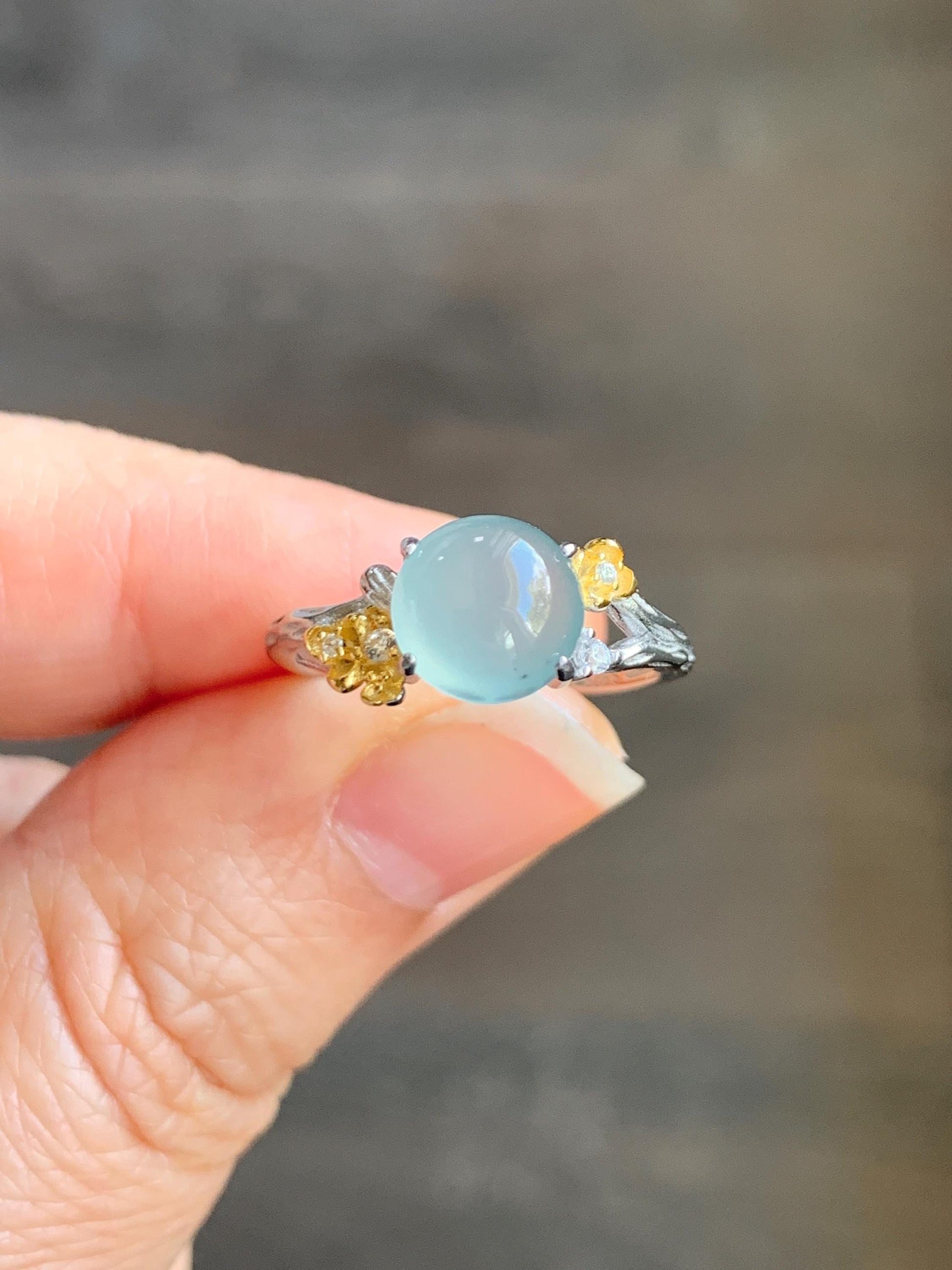 Natural Guatemalan Icy Highly Translucent Pastel Blue Jadeite Cherry Blossom Branch Ring Sterling Silver Adjustable 天然冰危淡蓝起光翡翠梅花枝银镶戒指 MHZH-C