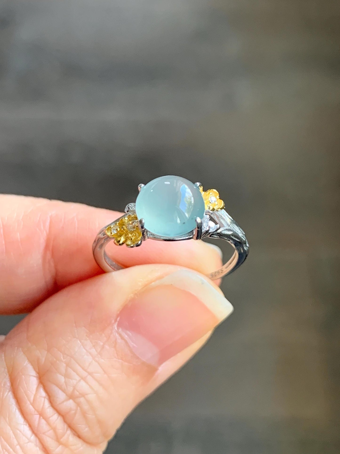 Natural Guatemalan Icy Highly Translucent Pastel Blue Jadeite Cherry Blossom Branch Ring Sterling Silver Adjustable 天然冰危淡蓝起光翡翠梅花枝银镶戒指 MHZH-C