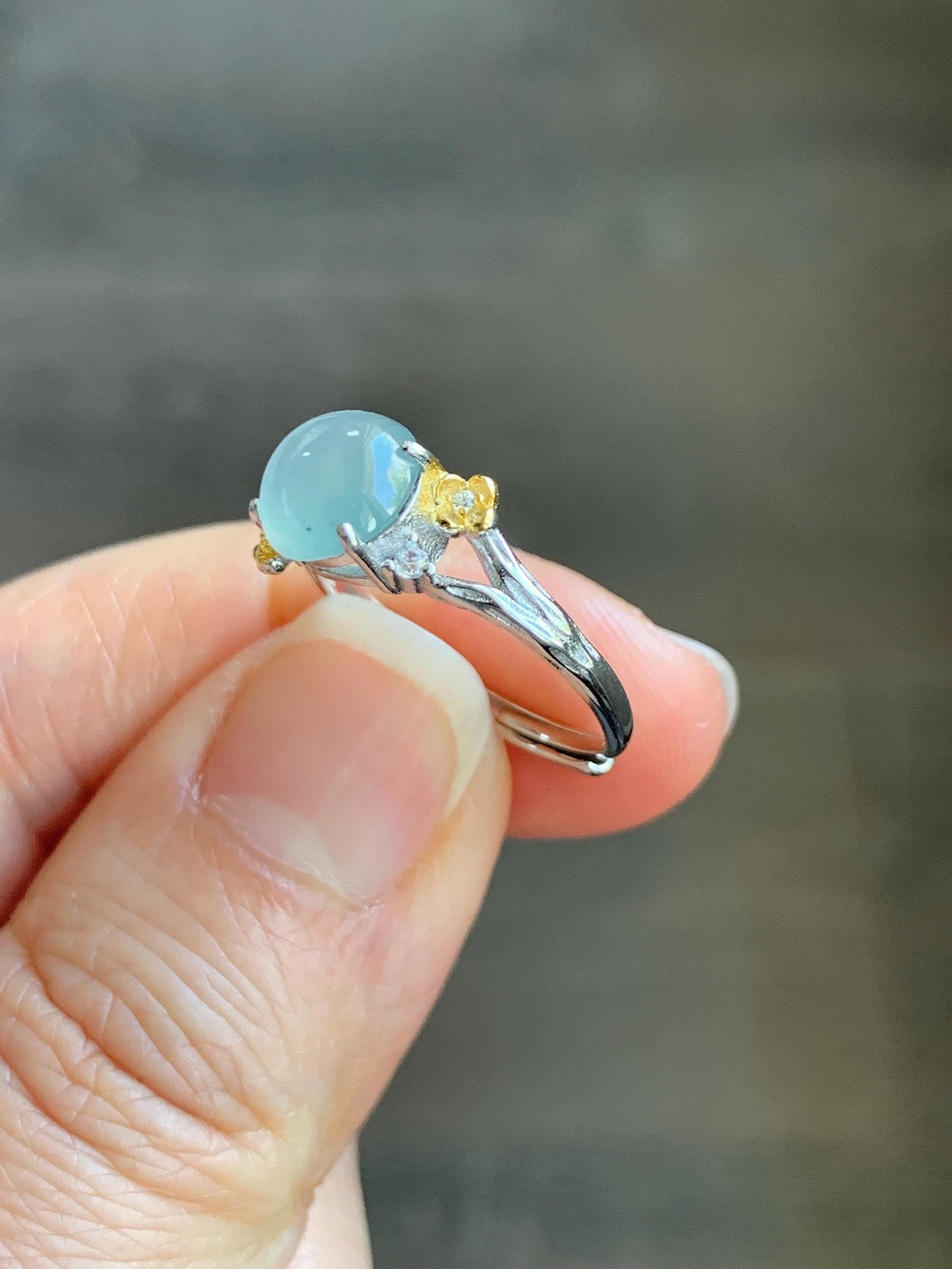 Natural Guatemalan Icy Highly Translucent Pastel Blue Jadeite Cherry Blossom Branch Ring Sterling Silver Adjustable 天然冰危淡蓝起光翡翠梅花枝银镶戒指 MHZH-C