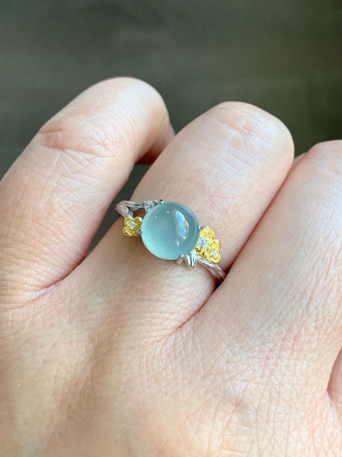 Natural Guatemalan Icy Highly Translucent Pastel Blue Jadeite Cherry Blossom Branch Ring Sterling Silver Adjustable 天然冰危淡蓝起光翡翠梅花枝银镶戒指 MHZH-C